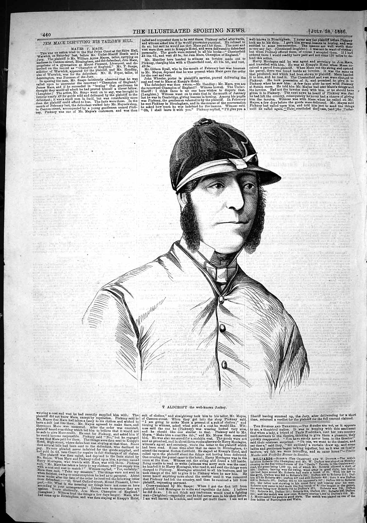Original Old Antique Print 1866 Portrait Aldcroft Well-Known Jockey Sport Man