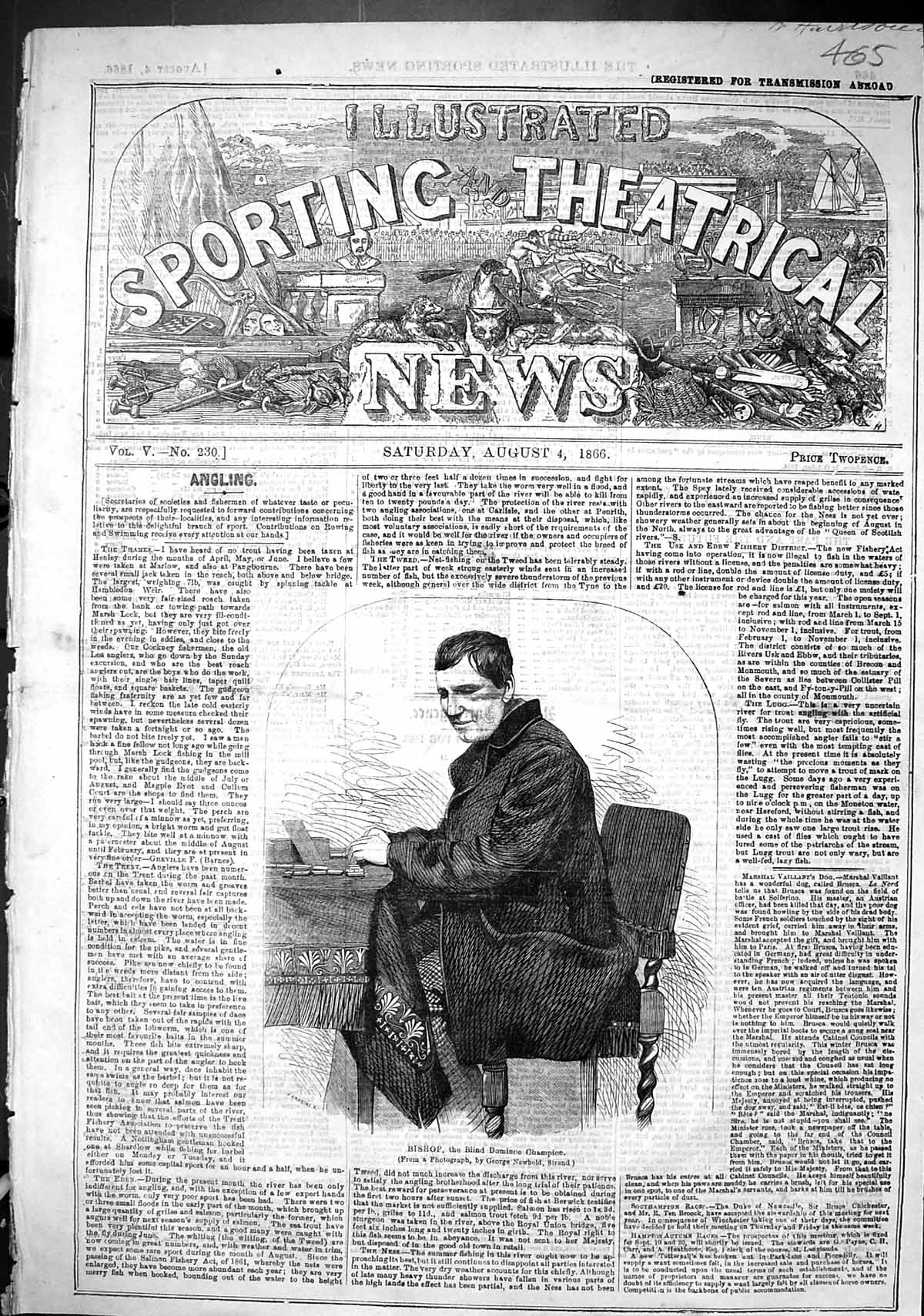 Original Old Antique Print 1866 Portrait Bishop Blind Dominoe Champion Man 19th
