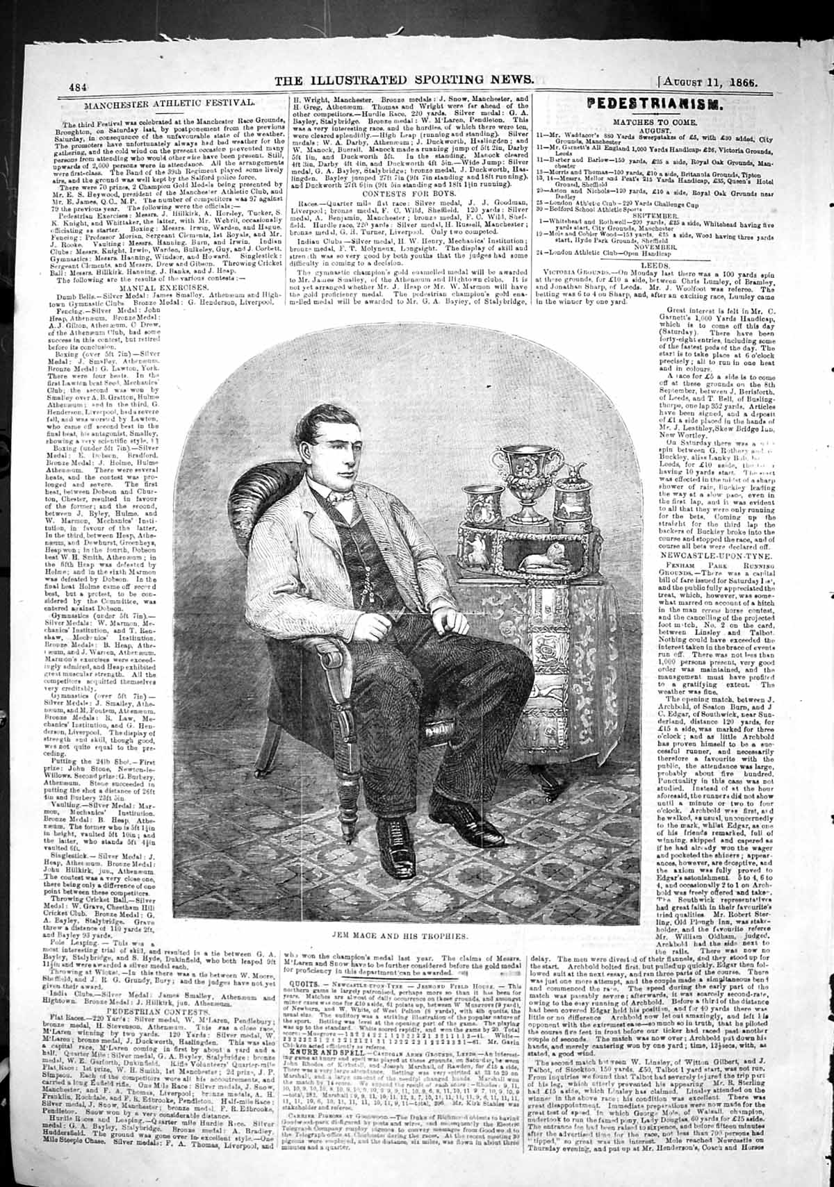 Original Old Antique Print 1866 Portrait Jem Mace Trophies Sport Pugilist Man
