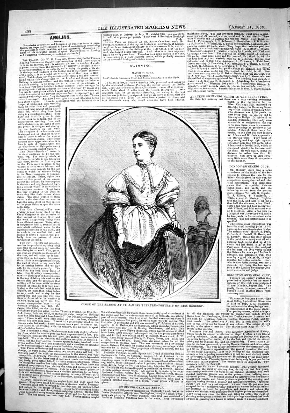 Antique Old Print 1866 Close Season St. James'S Theatre Miss Herbert Woman 19th