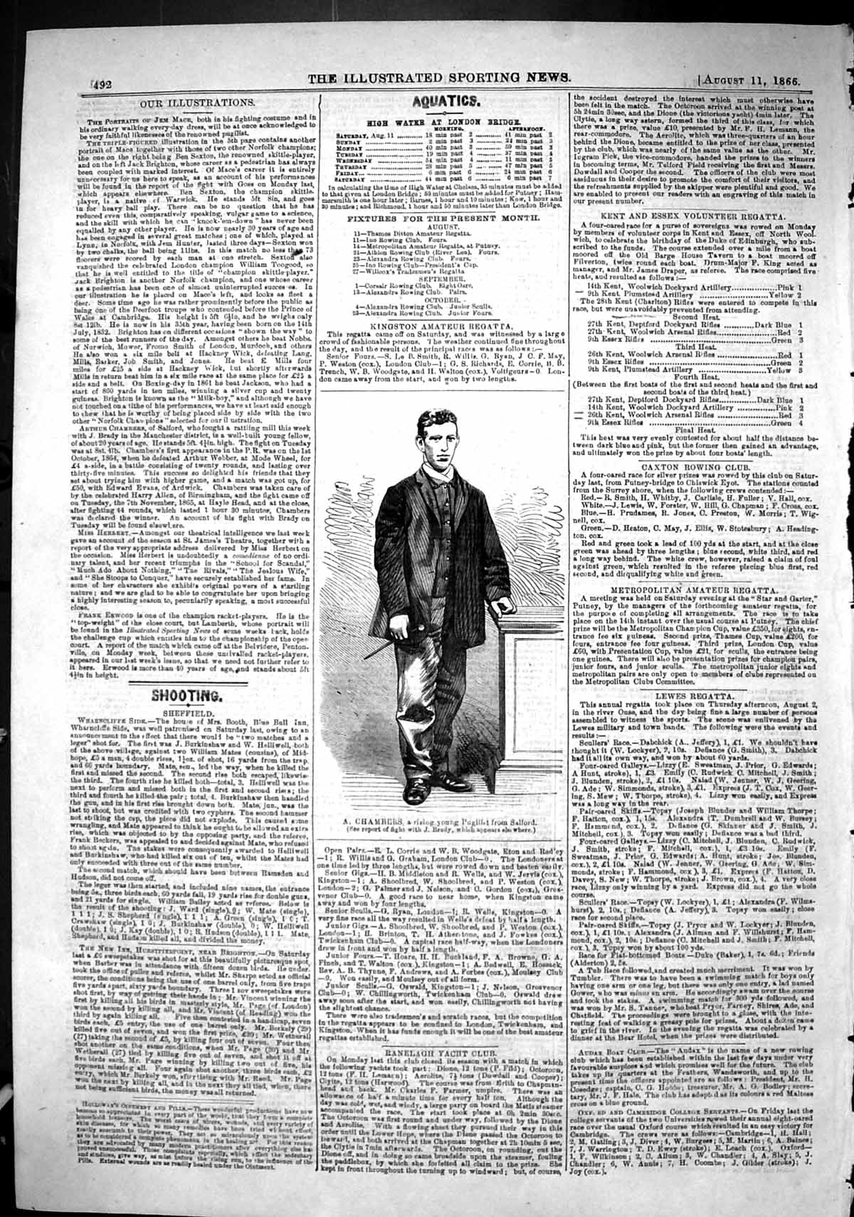 Original Old Antique Print 1866 Portrait Chambers Pugilist Salford Sport Man