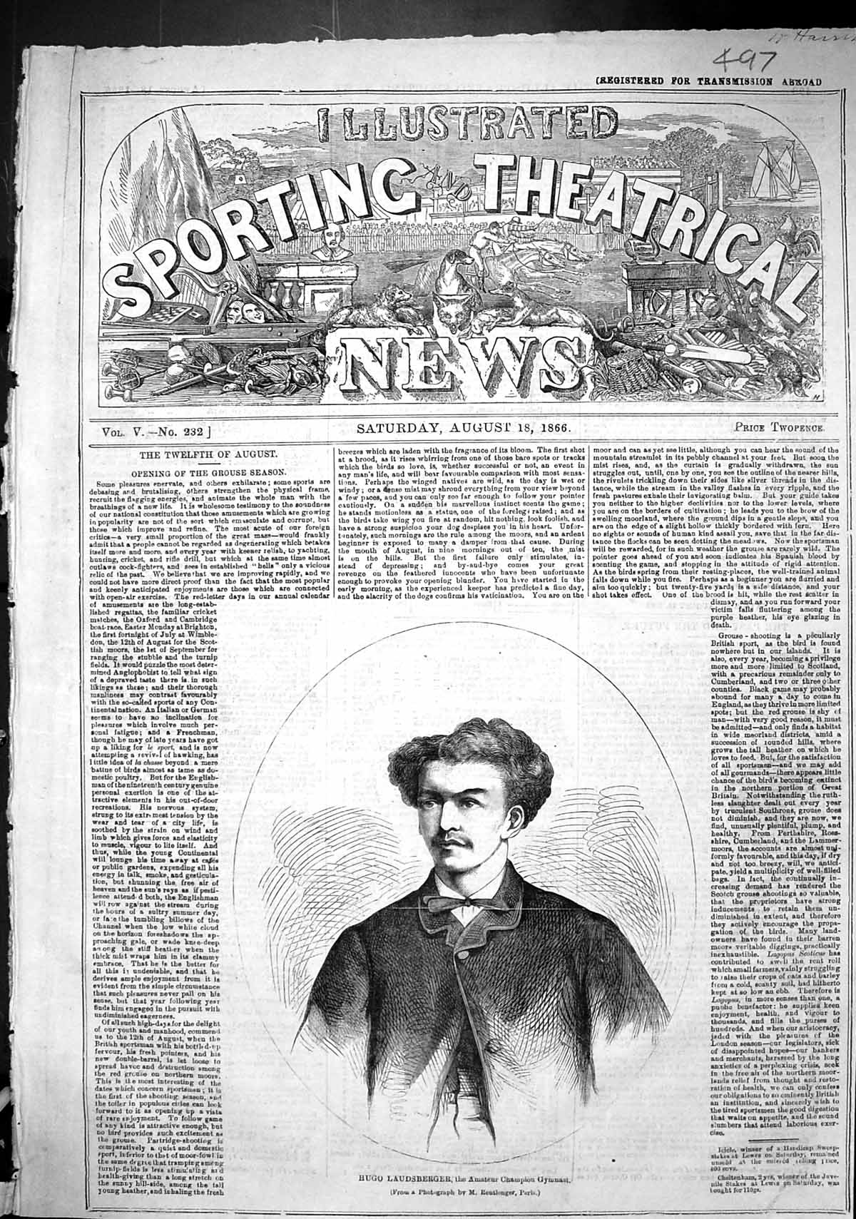 Antique Old Print 1866 Hugo Laudsberger Amateur Champion Gymnast Sport Man 19th
