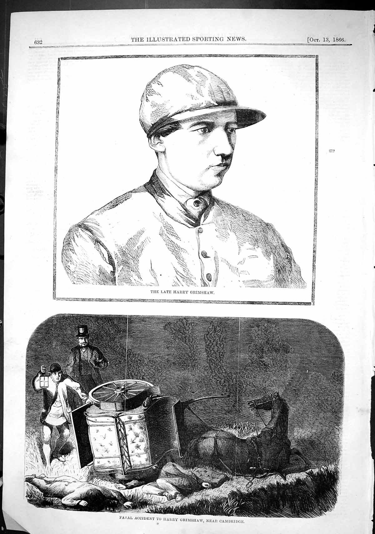 Antique Old Print 1866 Portrait Harry Grimshaw Fatal Accident Cambridge Horse