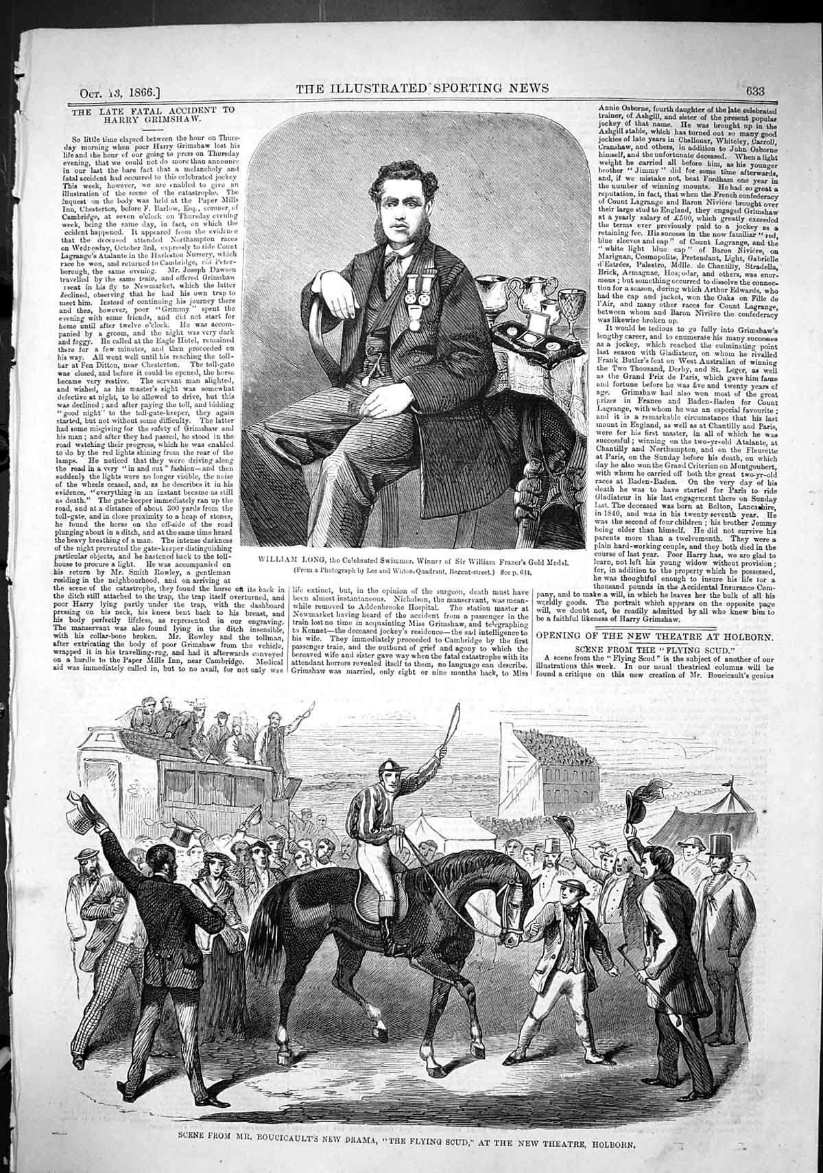 Old 1866 William Long Swimmer William Fraser Boucicault Drama Flying Victorian