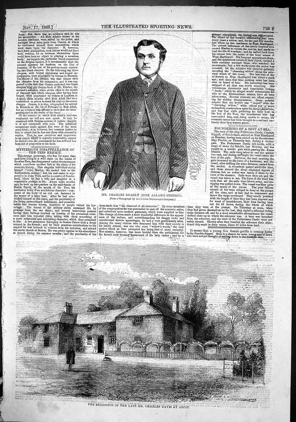 Antique Old Print 1866 Charles Readly Risk Allah Stepson Charles Davis Ascot