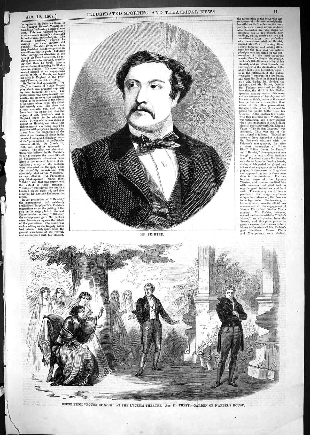 Old Print 1867 Mr Fecher Scene Rouge Et Noir Lyceum Theatre D'Arbel House 19th