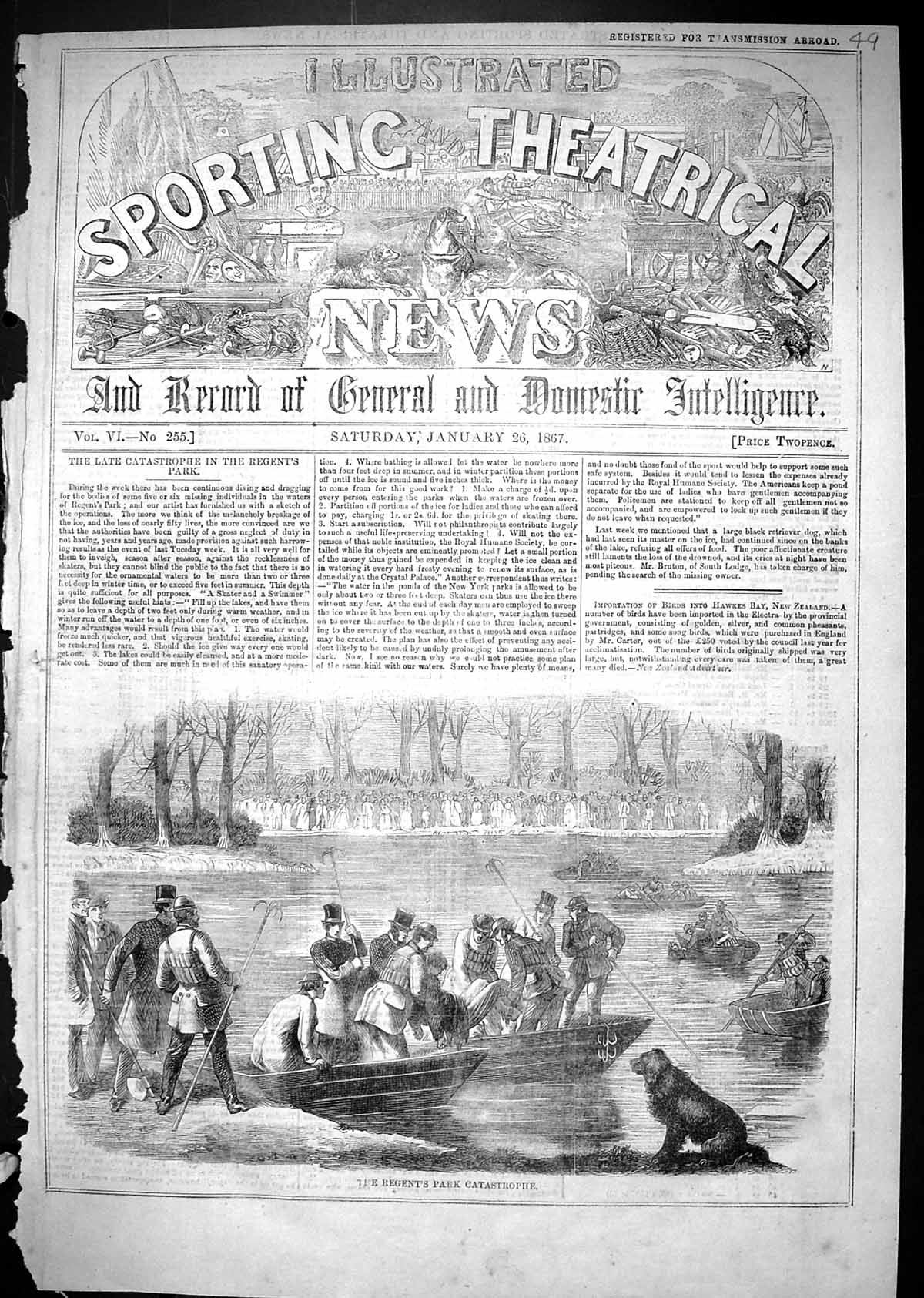 Original Old Antique Print 1867 Regents Park Catastrophe Ice Lake Boats London