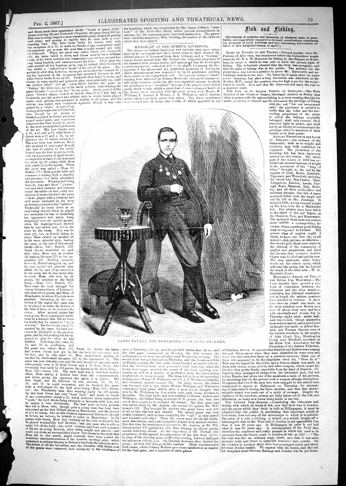 Old Antique Print 1867 James Taylor Newcastle-Upon-Tyne Swimmer Sport Man 19th