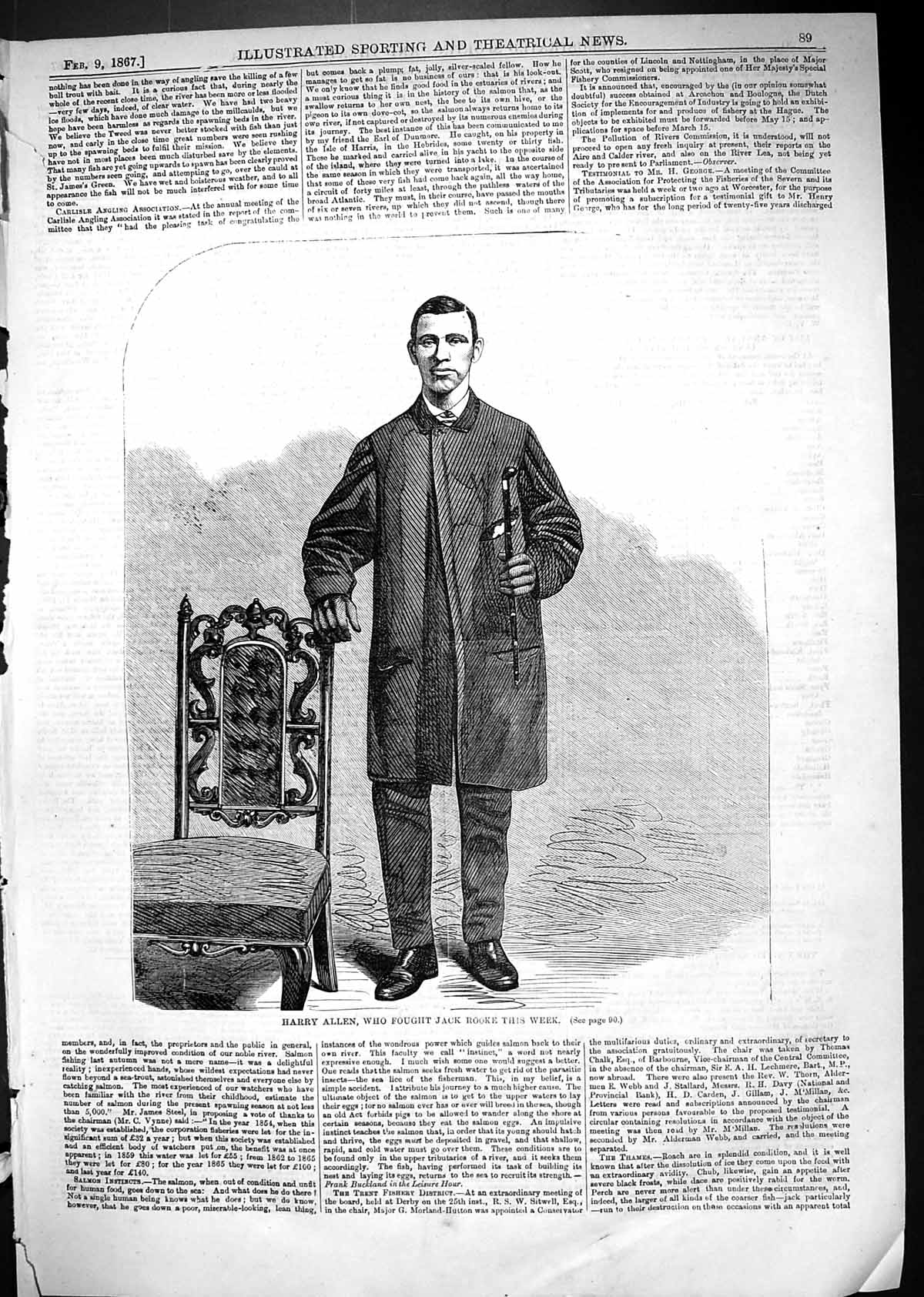 Original Old Antique Print 1867 Portrait Harry Allen Boxing Pugilist Victorian