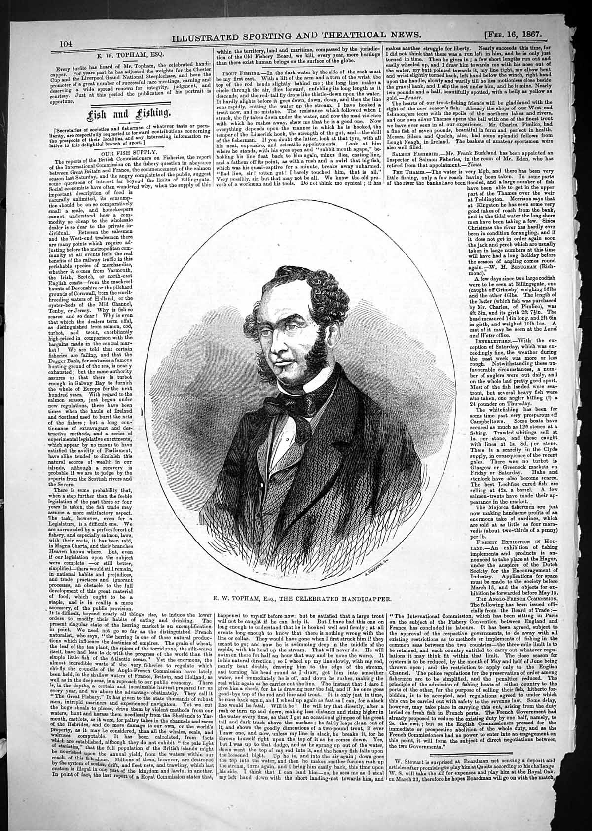 Old Antique Print 1867 Portrait Topham Celebrated Handicapper Sport Man 19th