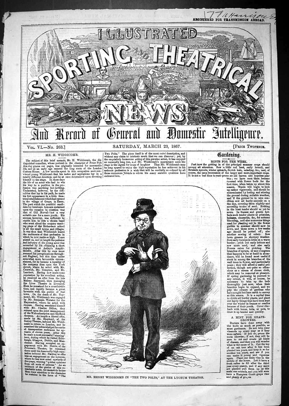 Antique Old Print 1867 Portrait Mr Henry Widdicomb Two Polts Lyceum Theatre