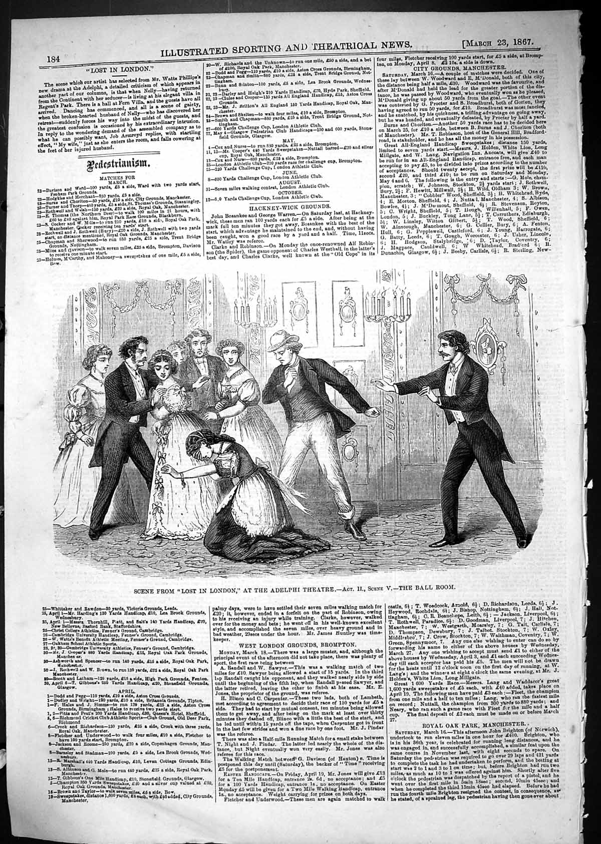 Old Antique Print 1867 Scene Lost London Adelphi Theatre Ball Room Actors 19th