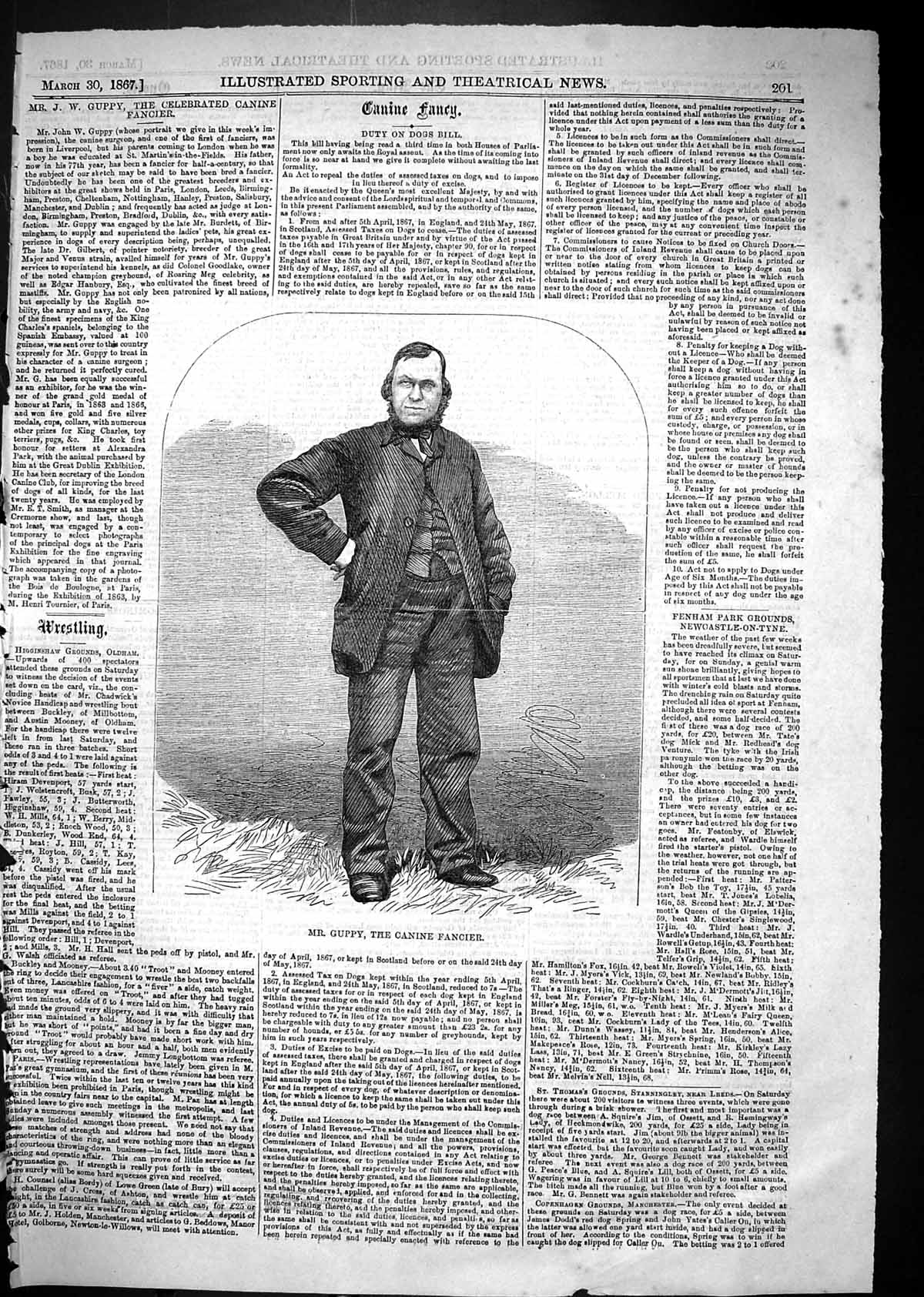 Original Old Antique Print 1867 Portrait Mr John Guppy Canine Surgeon Fancier