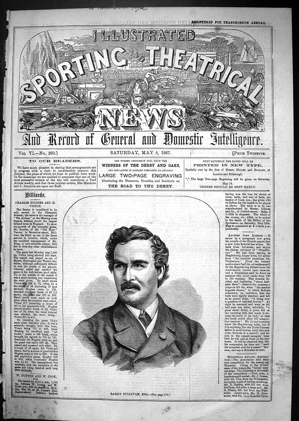 Original Old Antique Print 1867 Portrait Barry Sullivan Sport Man Victorian