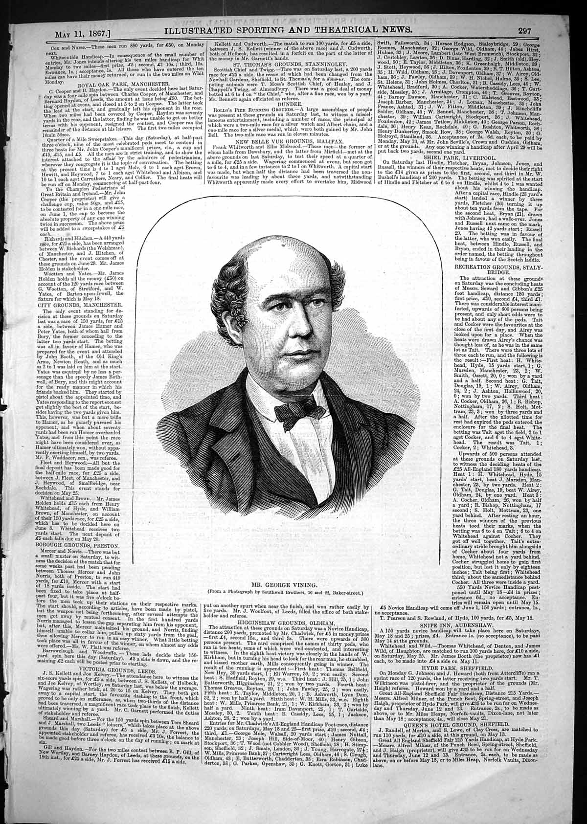Original Old Antique Print 1867 Portrait Mr George Vining Southwall Brothers
