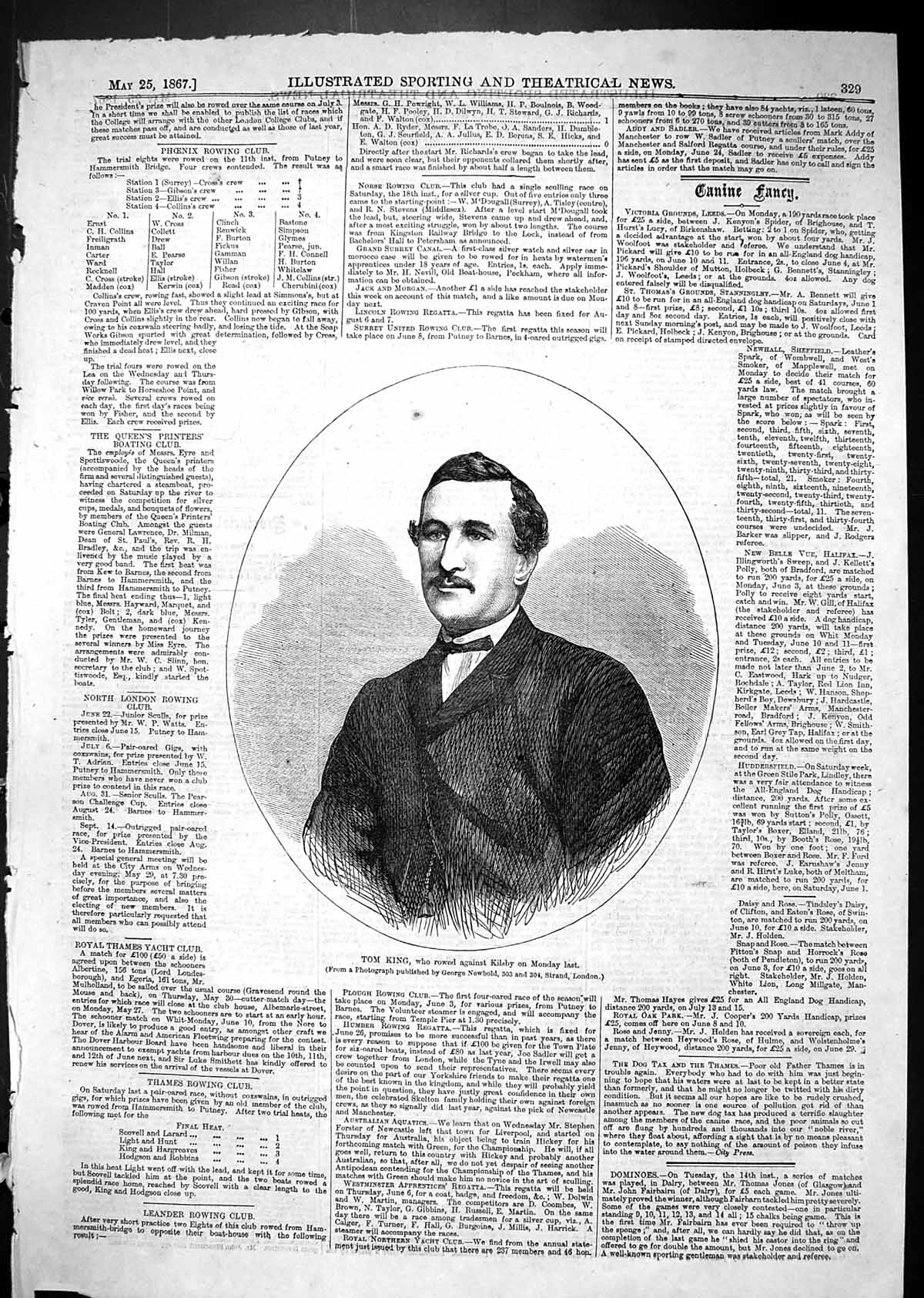 Original Old Antique Print 1867 Portrait Tom King Rower Sport Man Victorian