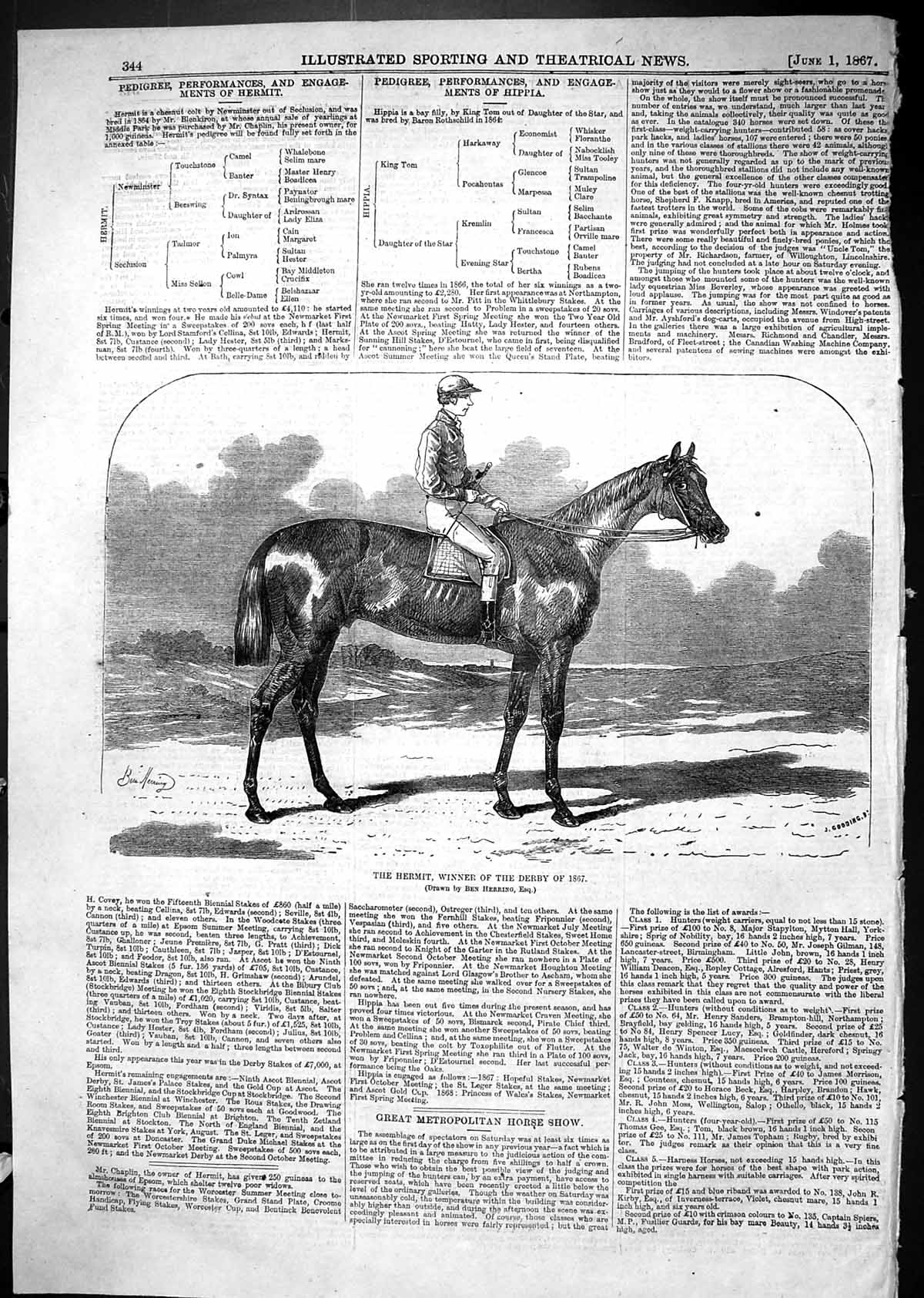 Antique Old Print 1867 Horse Racing Hermit Winner Derby Jockey Ben Herring 19th