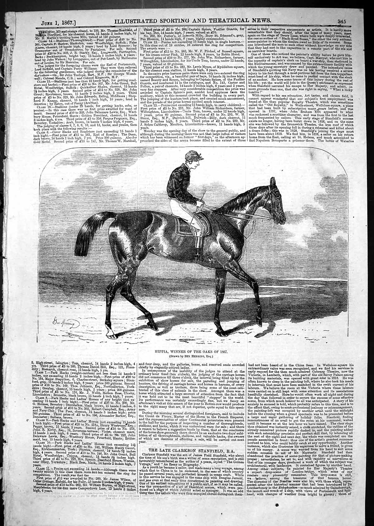 Antique Old Print 1867 Horse Racing Hippia Winnner Oaks Jockey Ben Herring 19th