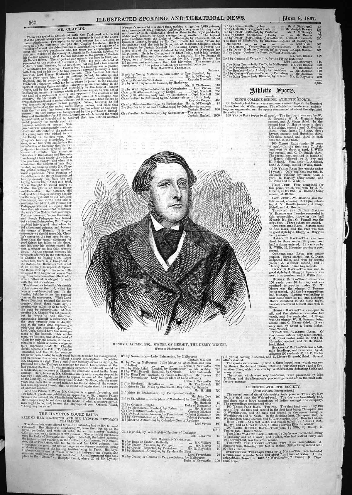 Antique Old Print 1867 Portrait Henry Chaplin Owner Hermit Derby Horse Winner