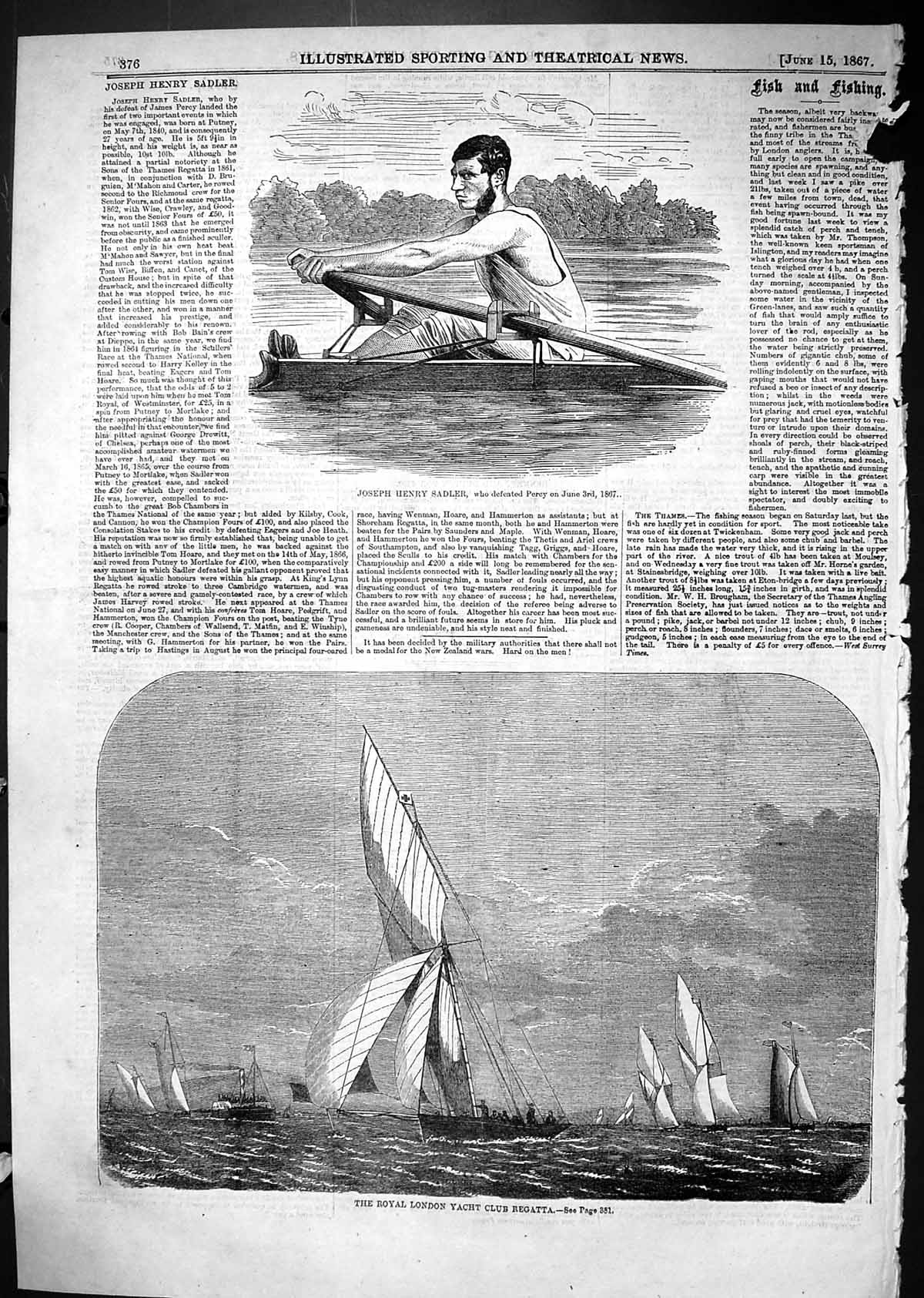 Old Print 1867 Joseph Henry Sadler Royal London Yacht Club Regatta Sport 19th