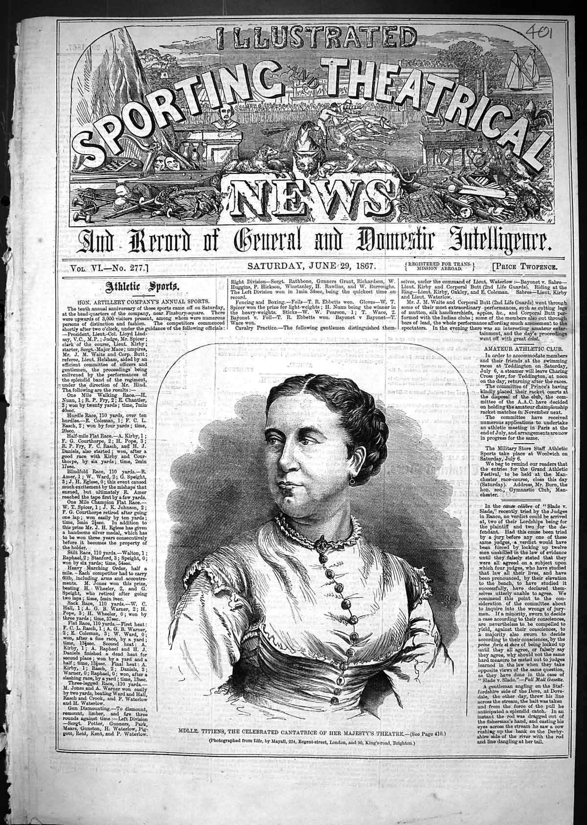 Antique Old Print 1867 Mdlle. Titiens Celebrated Cantatrice Majesty'S Theatre