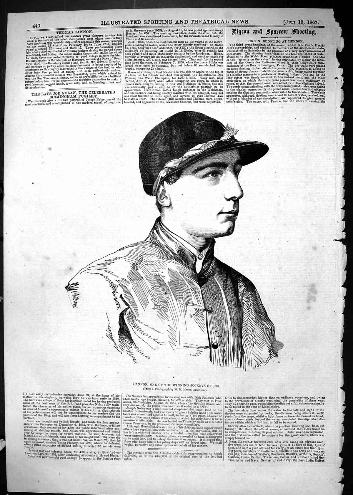 Antique Old Print 1867 Portrait Cannon Winning Jockey Sport Man Horse Racing