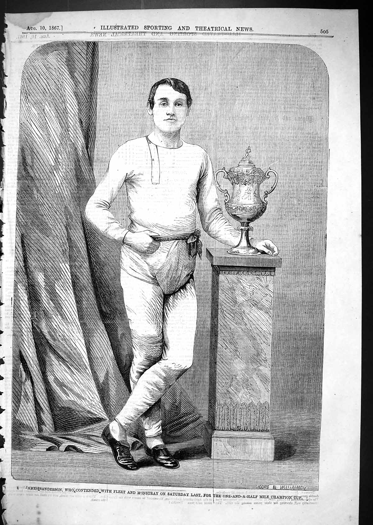 Old Print 1867 James Saunders One-And-A Half Mile Champion Sport Athlete 19th