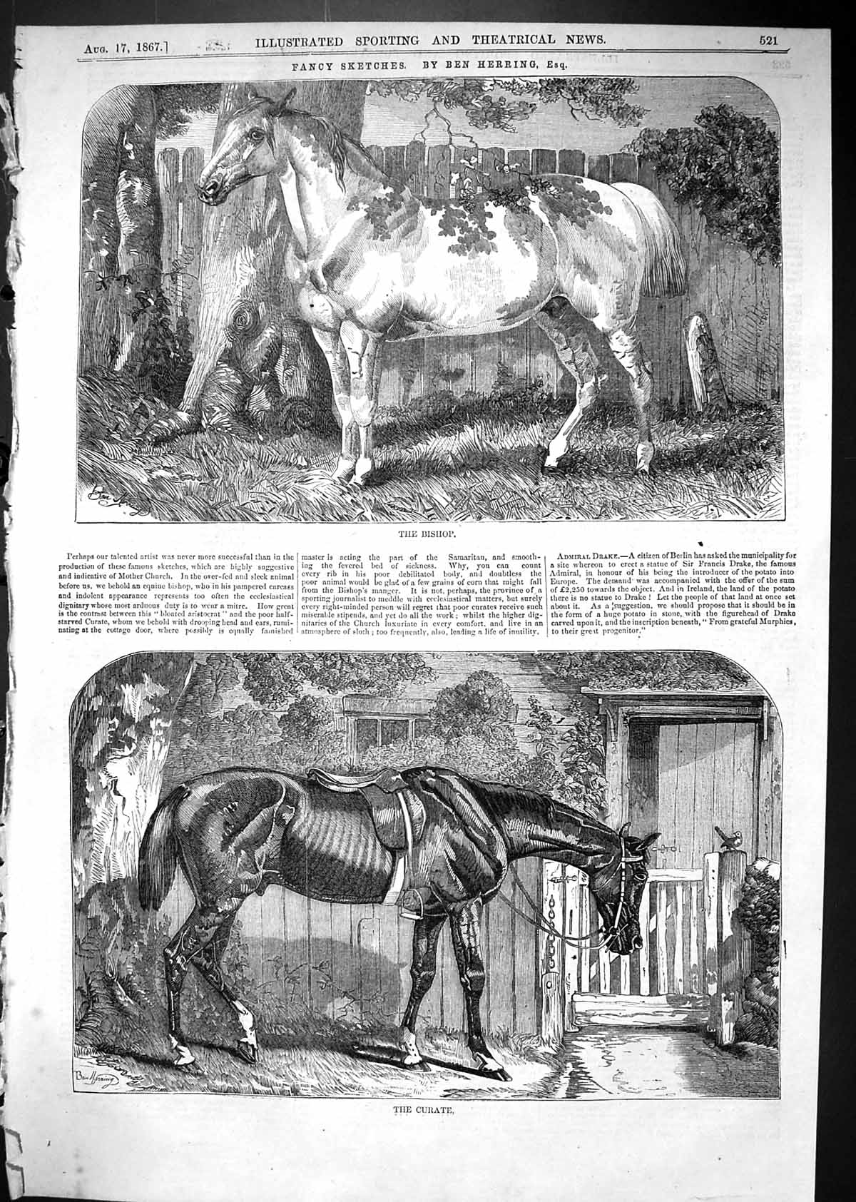 Original Old Antique Print 1867 Ben Herring Bishop Curate Horses 19th