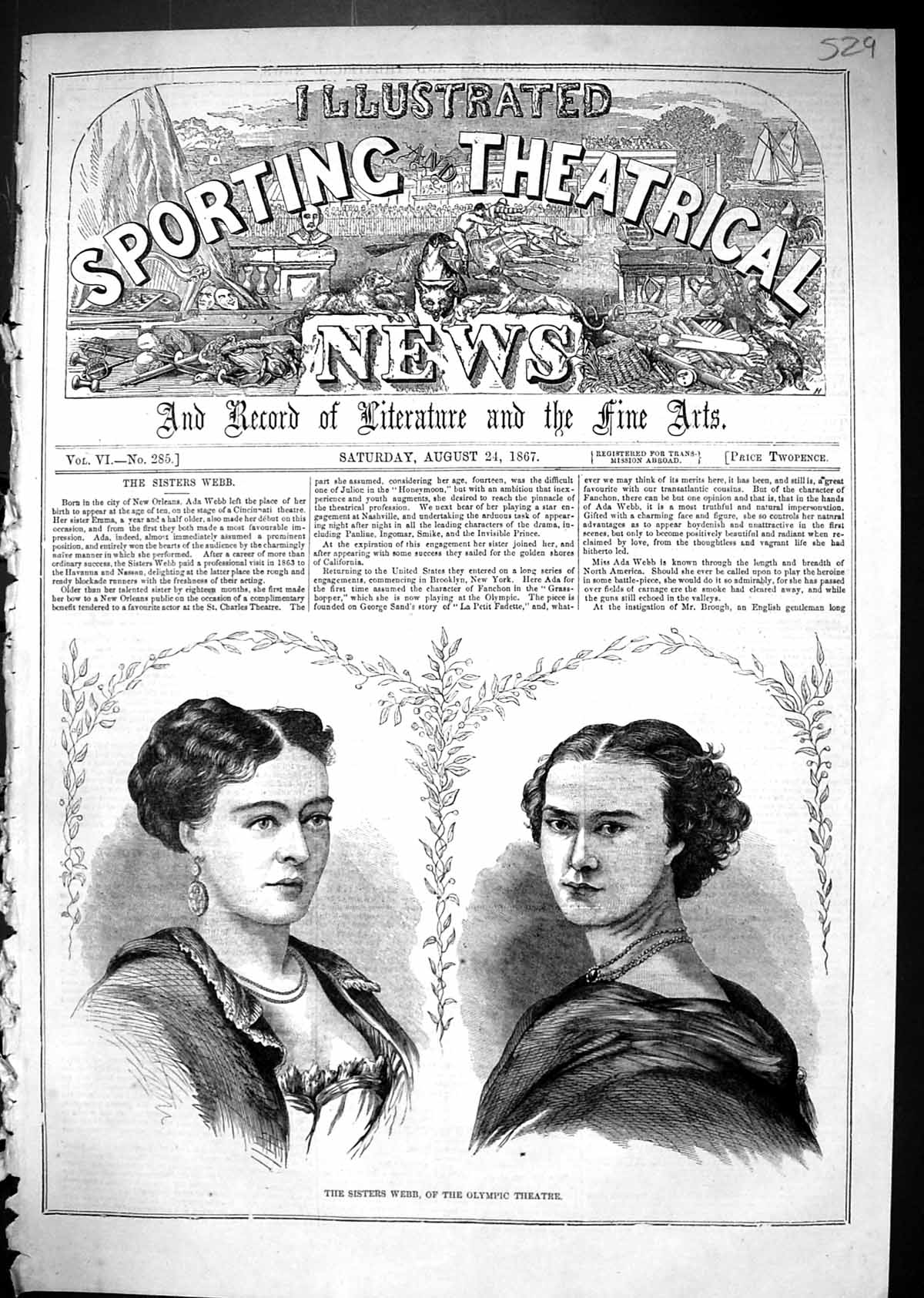 Original Old Antique Print 1867 Portrait Sisters Webb Olympic Theatre Actors