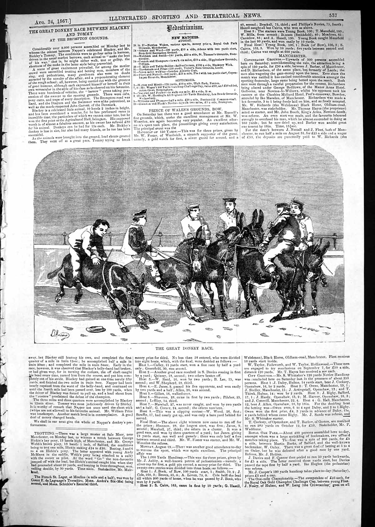 Old Print 1867 Great Donkey Race Blackey Tommy Brompton Grounds Men Sport 19th