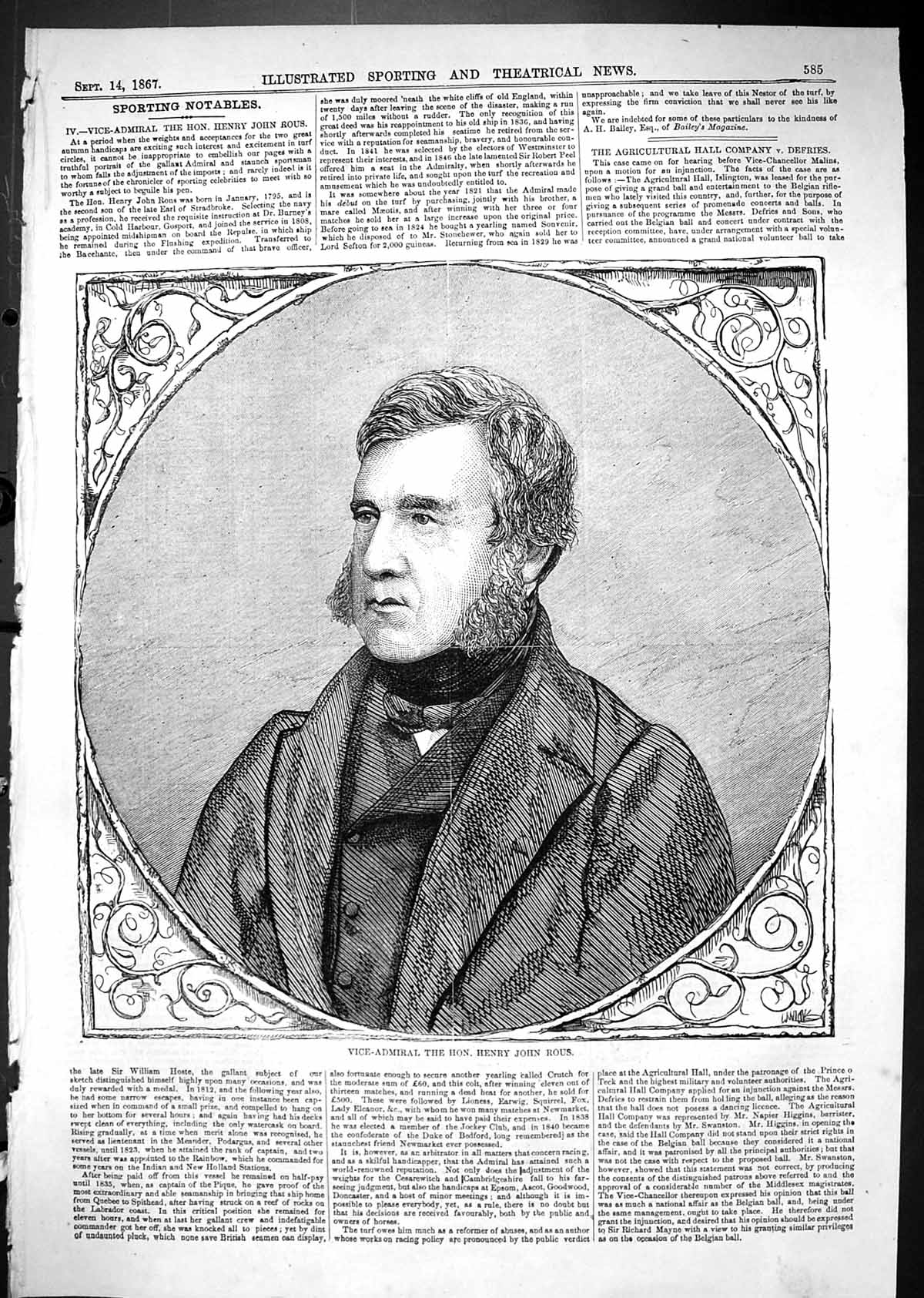 Original Old Antique Print 1867 Portrait Vice-Admiral Hon. Henry John Rous 19th