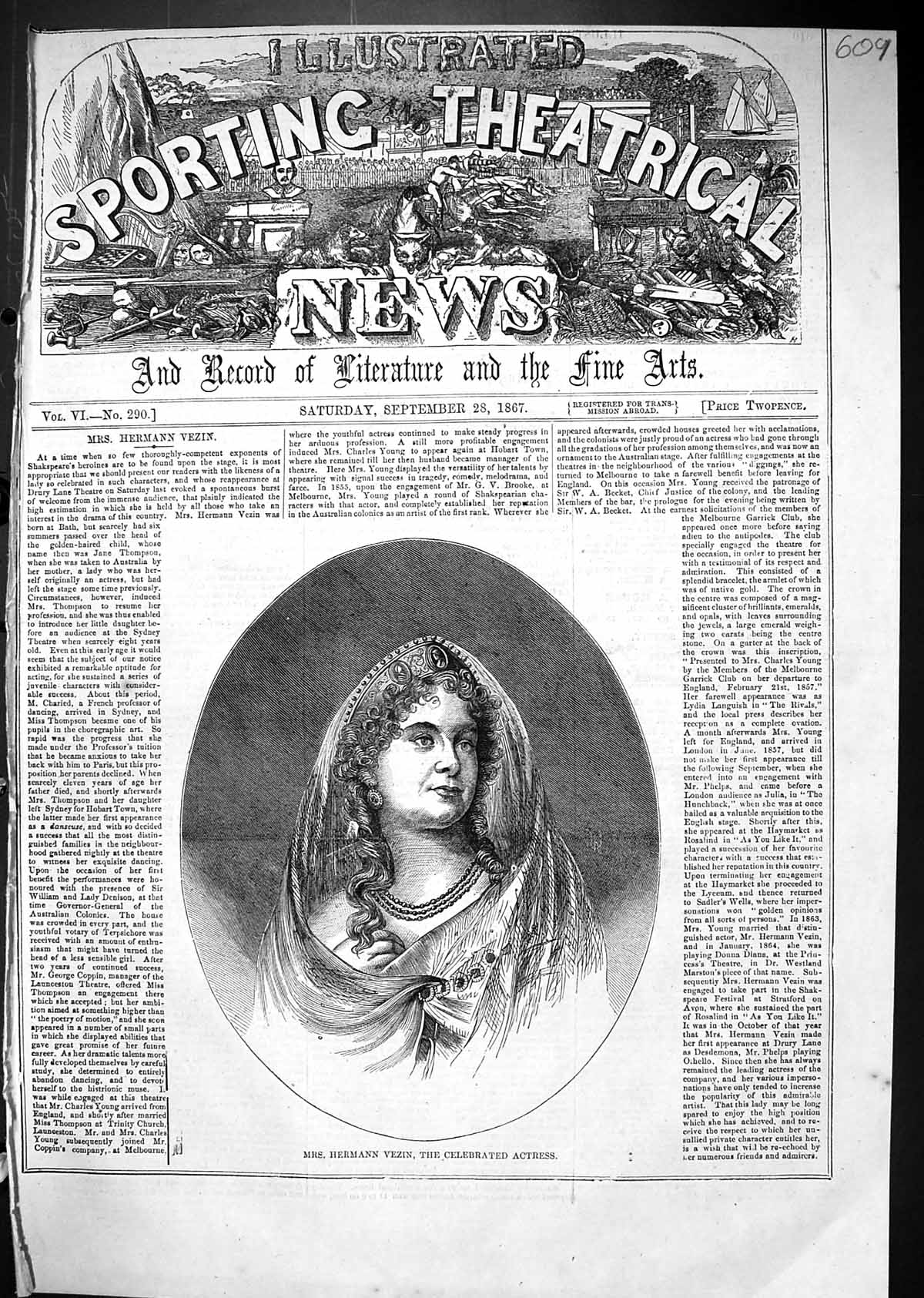 Antique Old Print 1867 Mrs Hermann Vezin Celebrated Actress Beautiful Woman