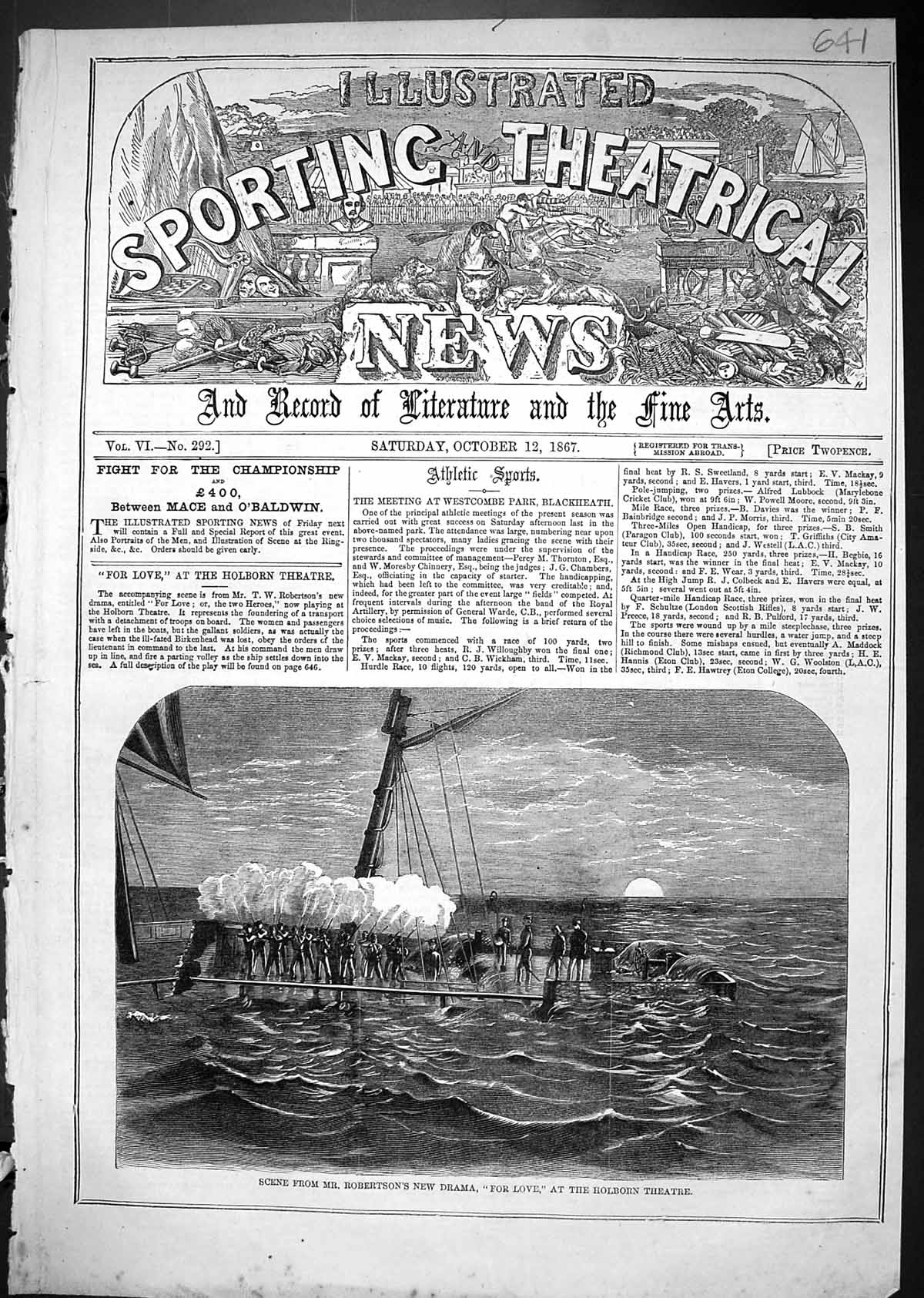 Old 1867 Scene Robertson New Drama For Love Holborn Theatre Ship Moon Victorian