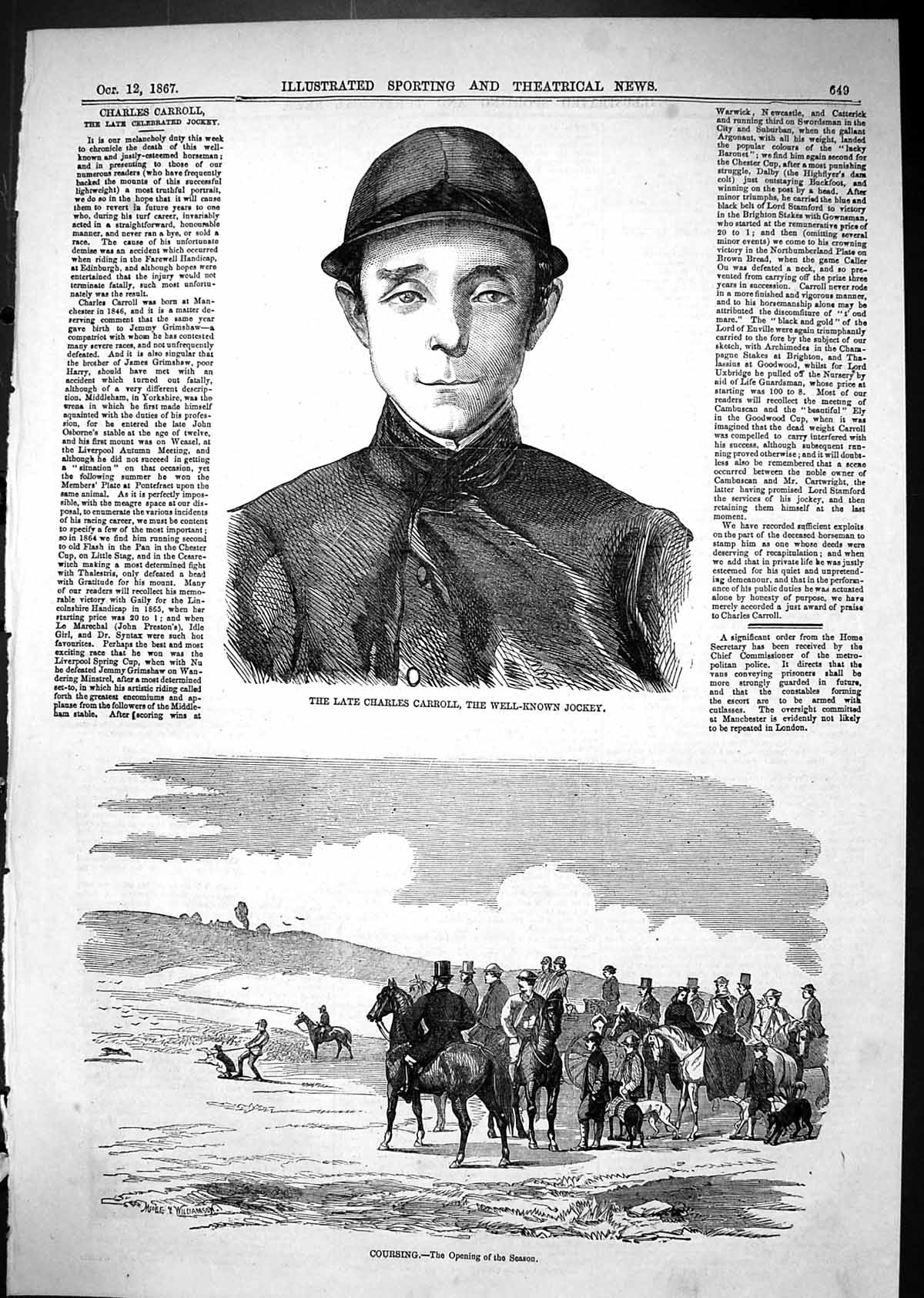 Old 1867 Charles Carroll Well-Know Jockey Hare Coursing Sport Hounds Victorian