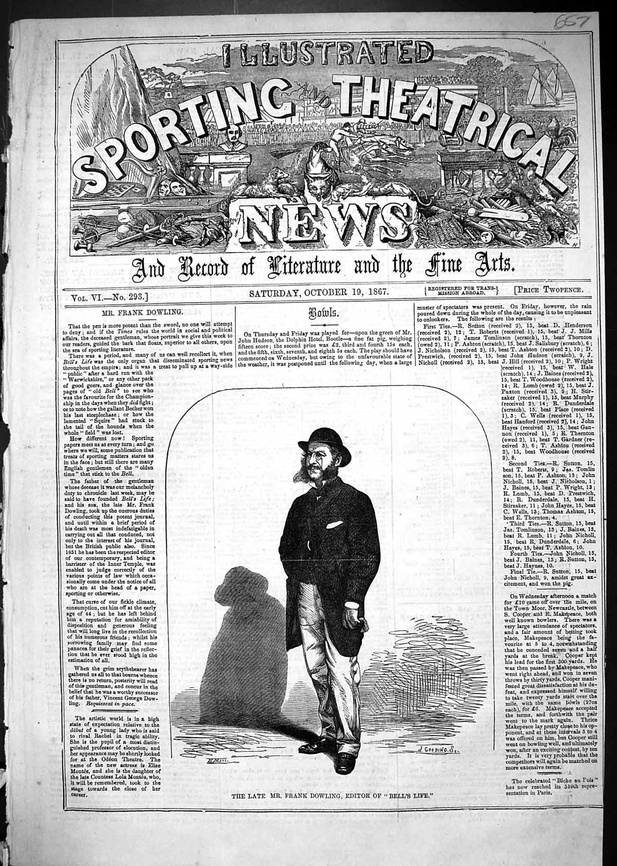 Original Old Antique Print 1867 Portrait Mr Frank Dowling Editor Bell'S Life