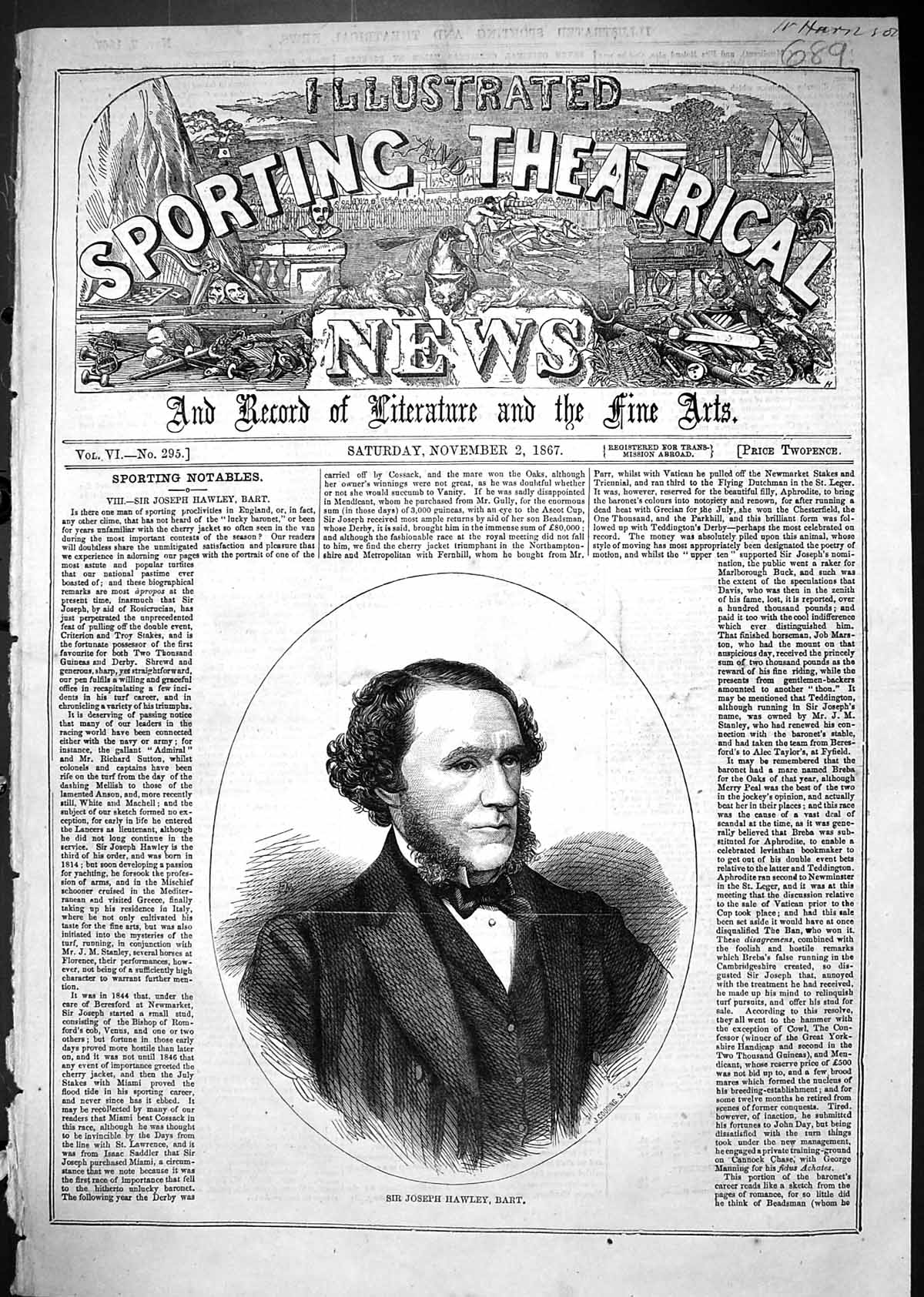 Antique Old Print 1867 Portrait Sir Joseph Hawley Bart Sporting Proclivities