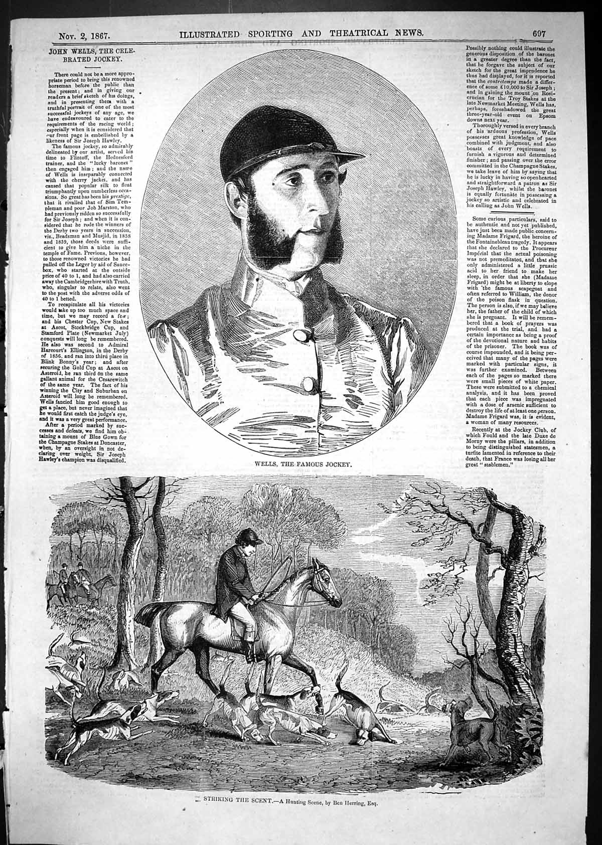 Old 1867 Wells Famous Jockey Hunting Scene Striking Scent Hounds Herr Victorian