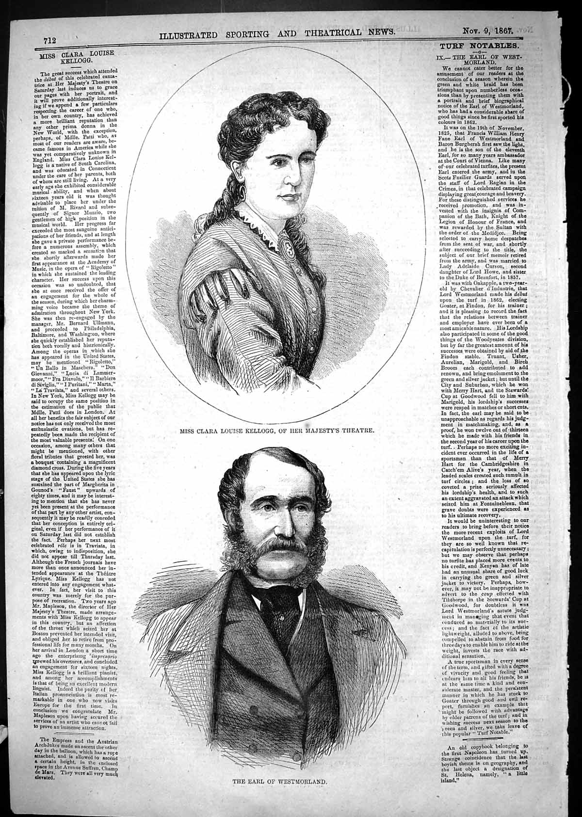 Old 1867 Miss Clara Louise Kellogg Majesty'S Theatre Earl Westmorland Victorian