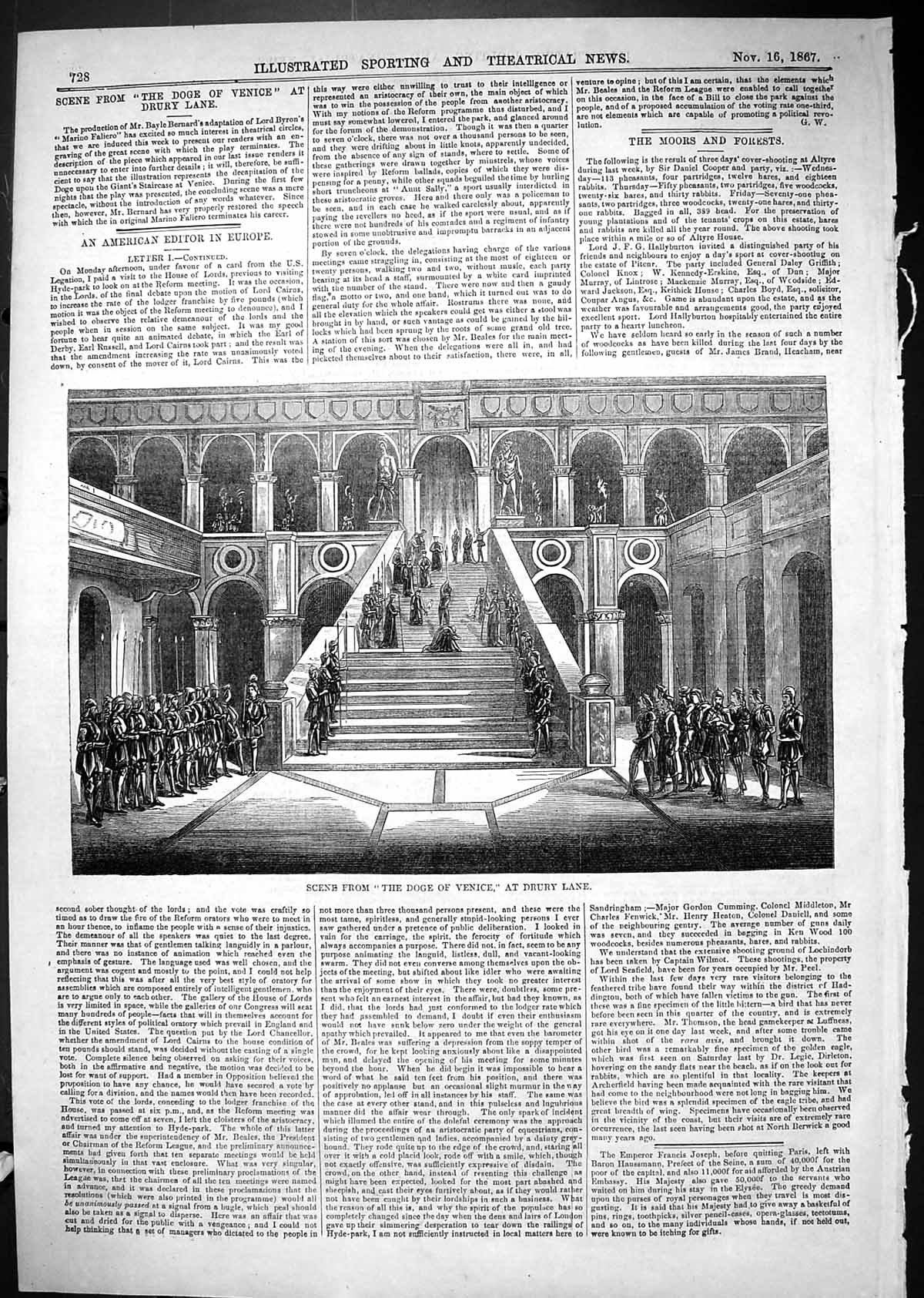 Original Old Antique Print 1867 Scene Doge Venice Drury Lane Theatre London