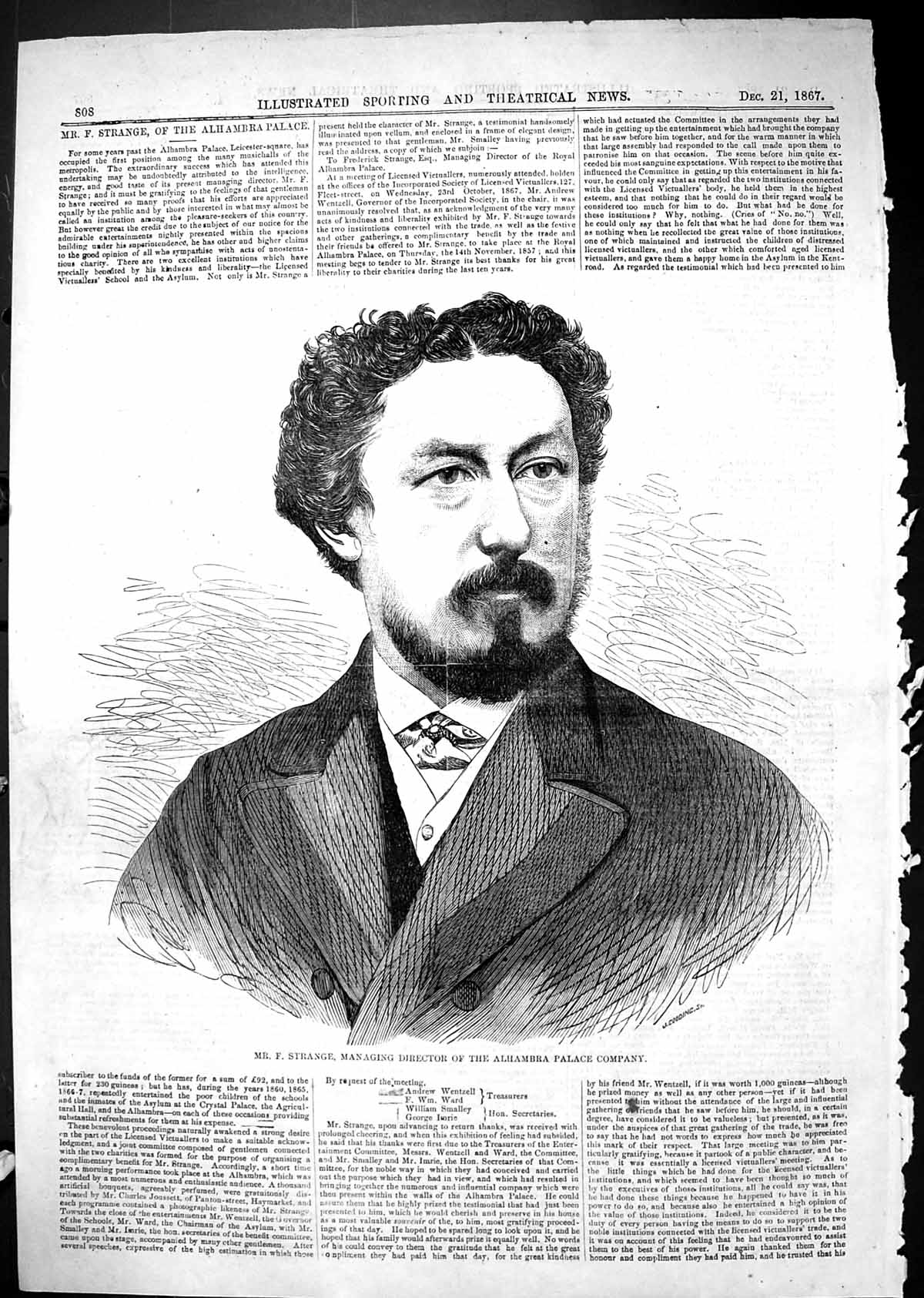 Antique Old Print 1867 Mr Strange Managing Director Alhambra Palace Company