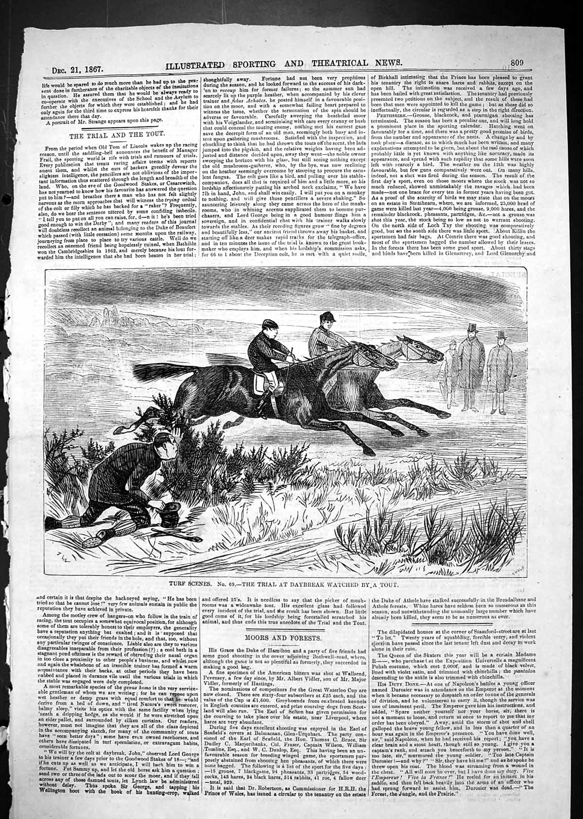 Antique Old Print 1867 Turf Scenes Horses Trial Daybreak Watched Trout Sport