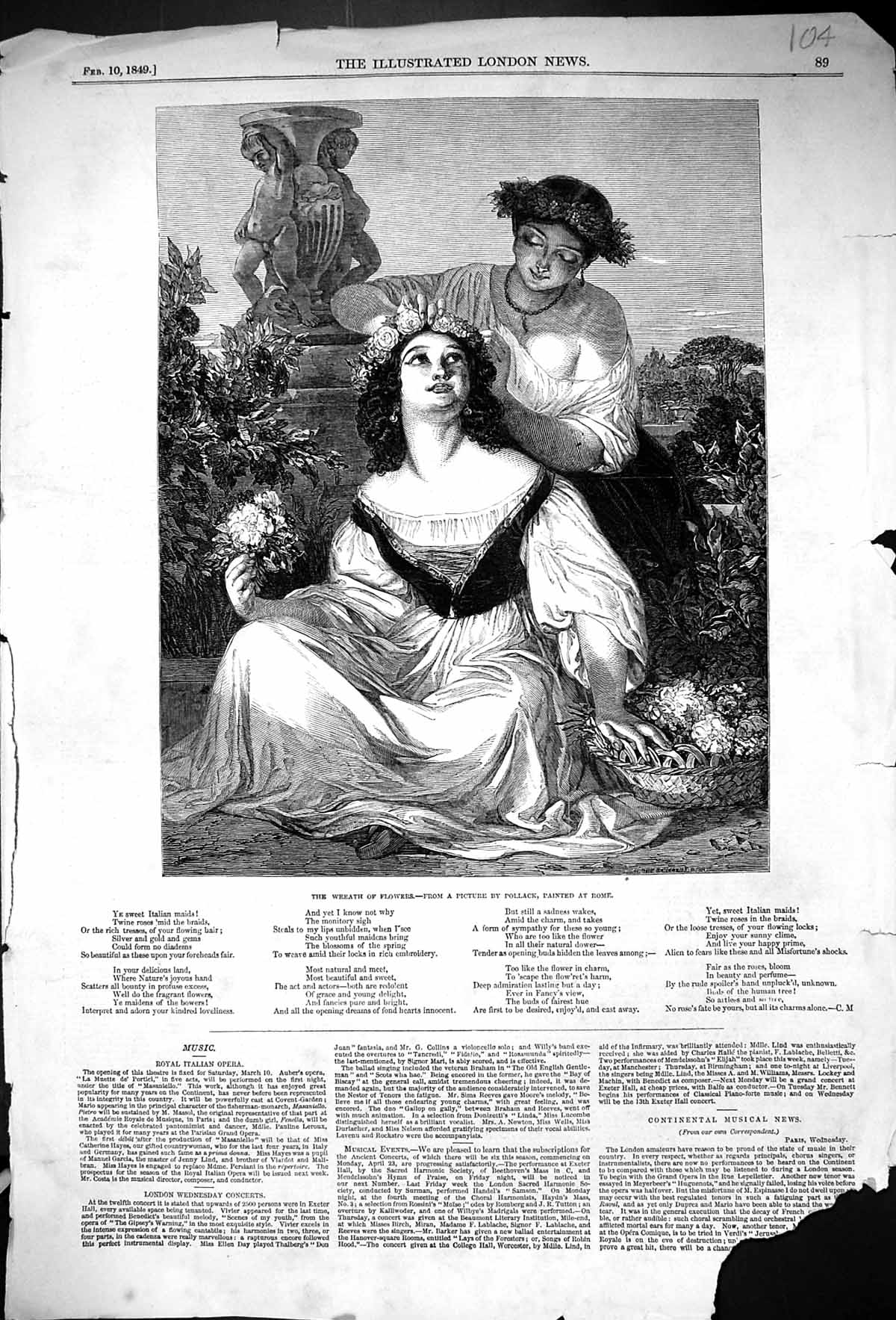 Original Old Antique Print 1849 Wreath Flowers Beautiful Young Women Victorian