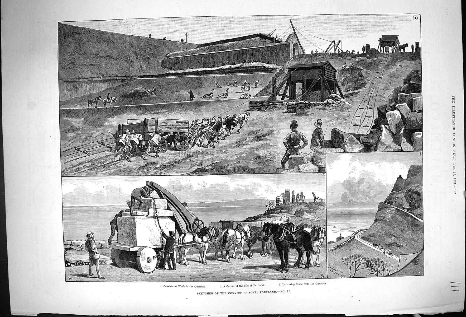 Old Antique Print Convict Prisons Portland Stone Quarries Prisoners 1884 19th