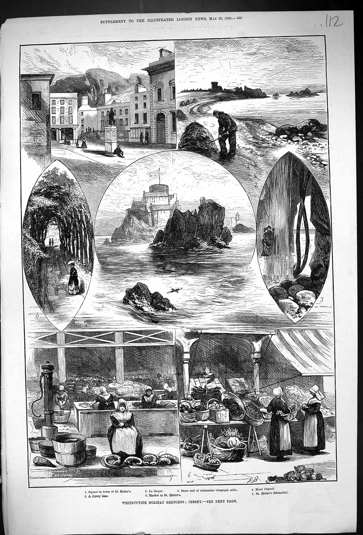 Old Print 1880 Whitsuntide Holiday Jersey Mont Orgueil Helier Fishmarket 19th