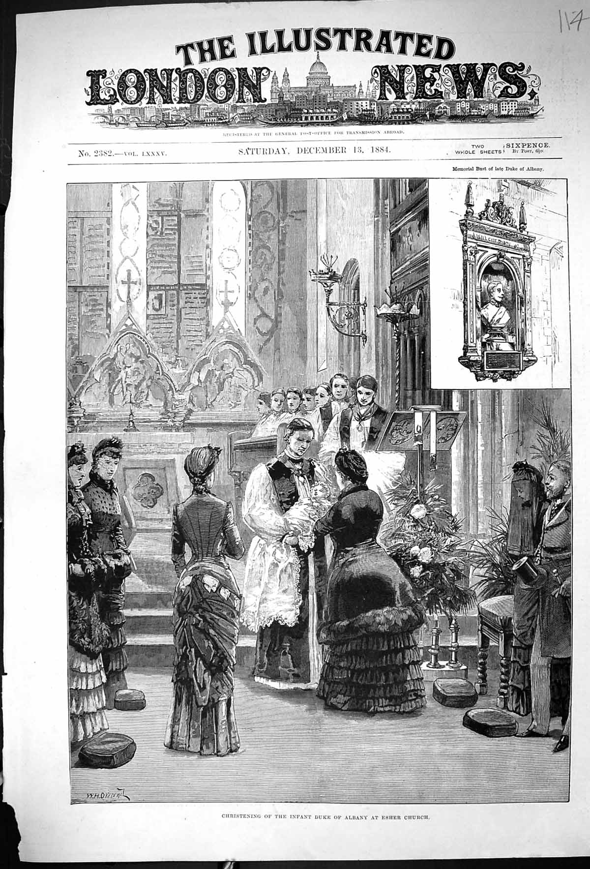 Old Antique Print 1884 Christening Infant Baby Duke Albany Esher Church 19th