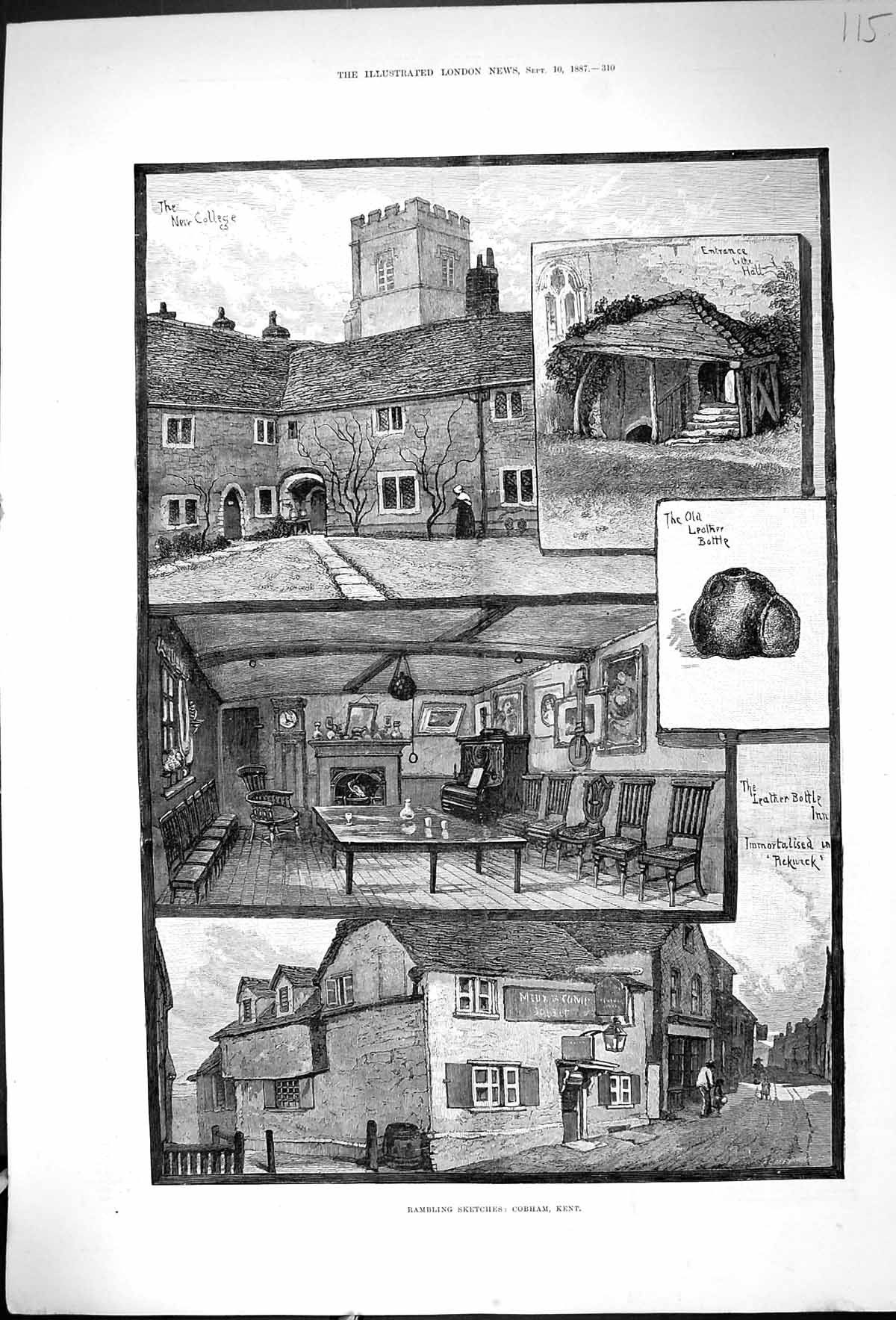 Original Old Antique Print Cobham Kent New College Leather Bottle Pickwick 1887