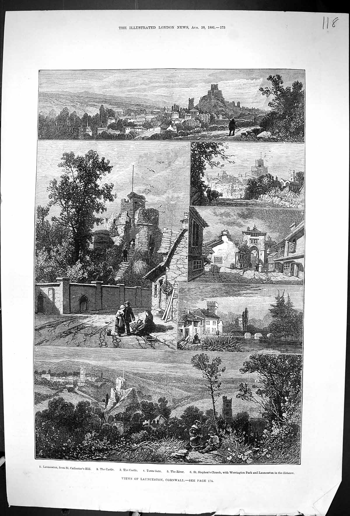 Antique Old Print 1881 Launceston Cornwall Castle Stephen'S Church Town Gate