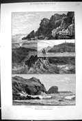 Antique Old Print 1881 Lizard Head Lights Kynance Cove Lloyd'S Signal Station