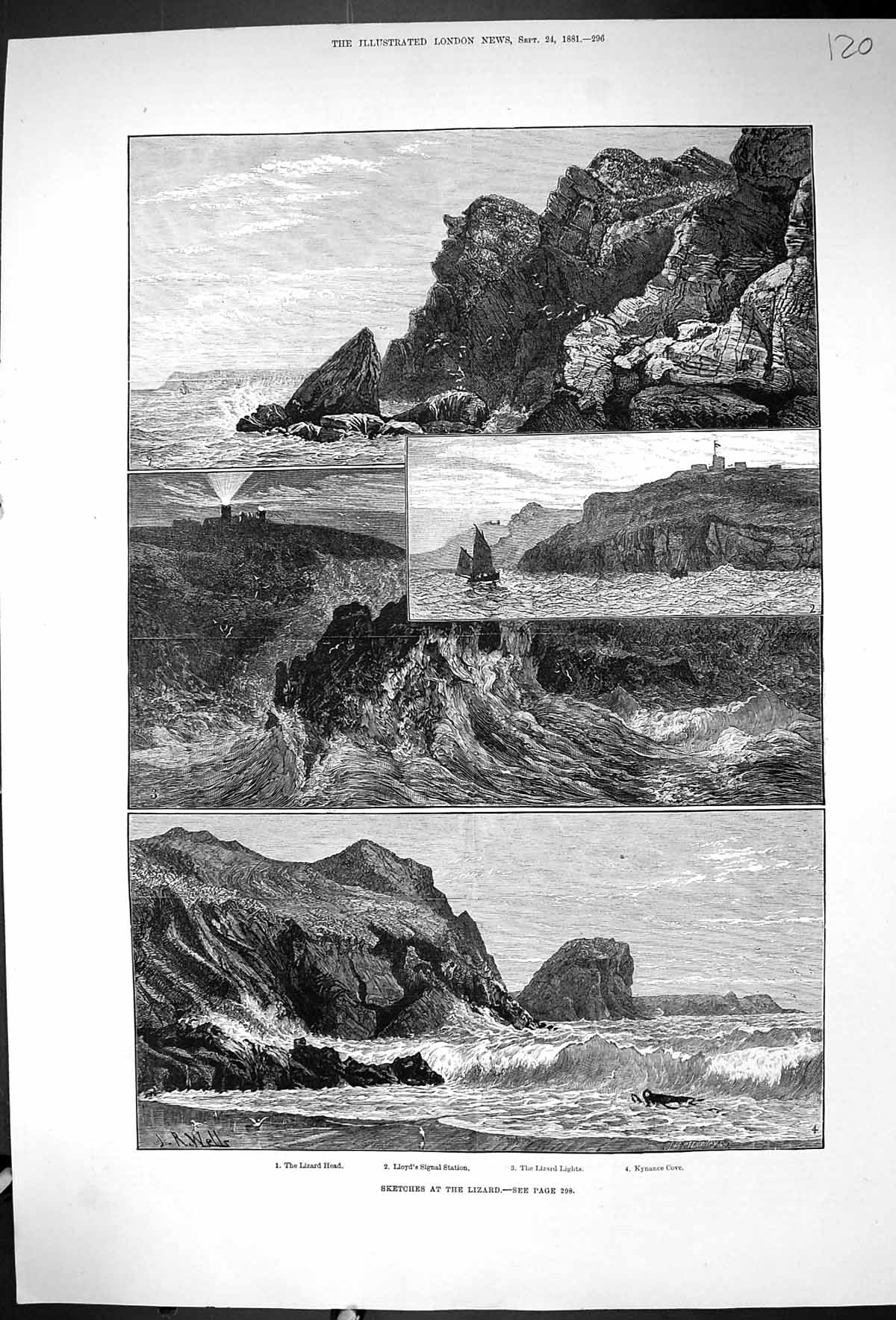 Antique Old Print 1881 Lizard Head Lights Kynance Cove Lloyd'S Signal Station