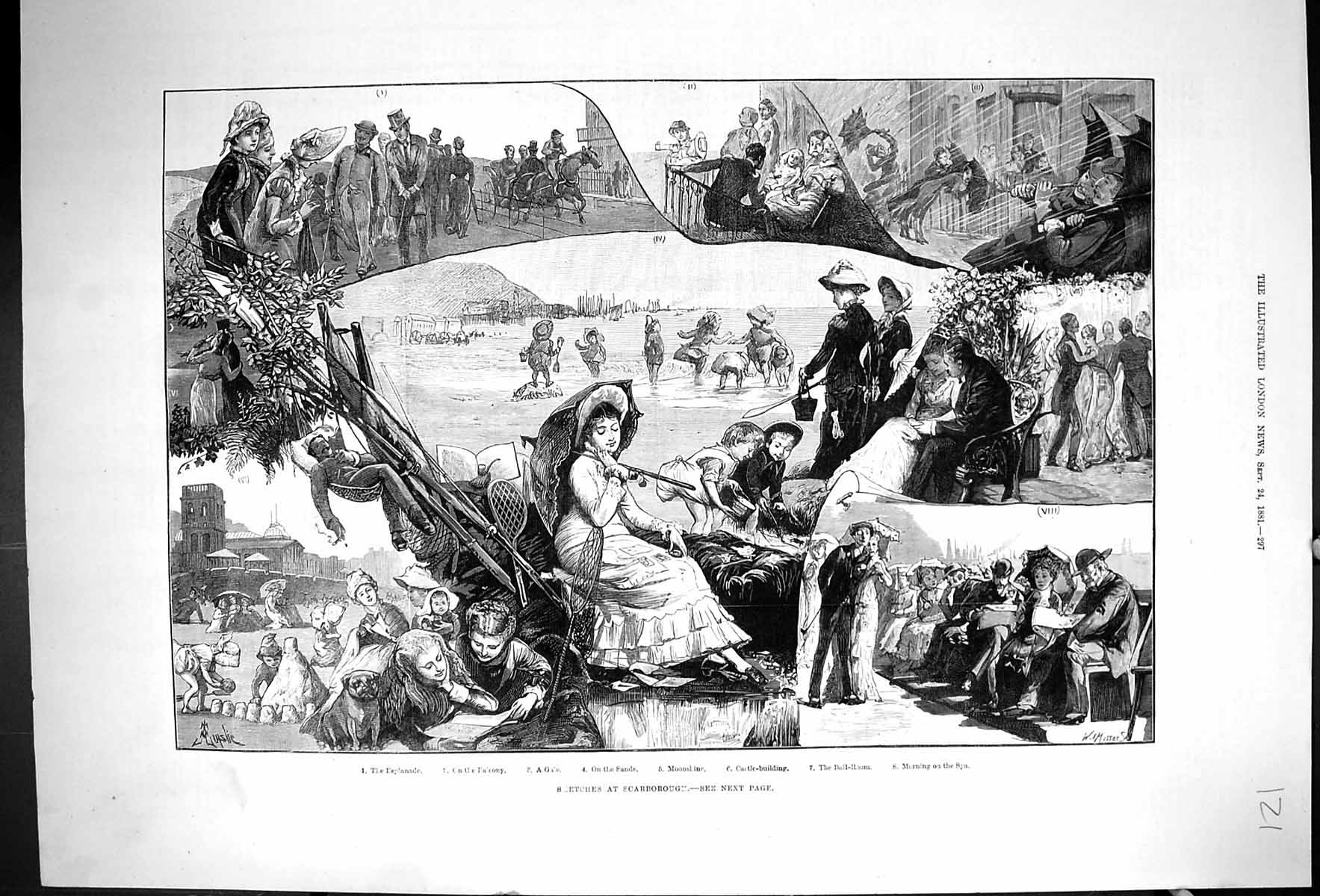 Antique Old Print 1881 Scarborough Beach Esplanade Tourists Ball-Room Dancing